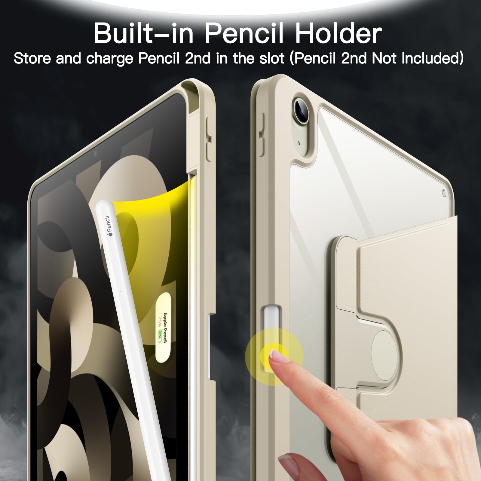 JETech 360 Rotating Stand Case for iPad Air 11 Inch M2 (2024) & iPad Air 5/4 (2022/2020) 10.9 Inch - Protective Cover with Pencil Holder & Adjustable Viewing Angles (Starlight) - Perfect for Work, Study & Entertainment
