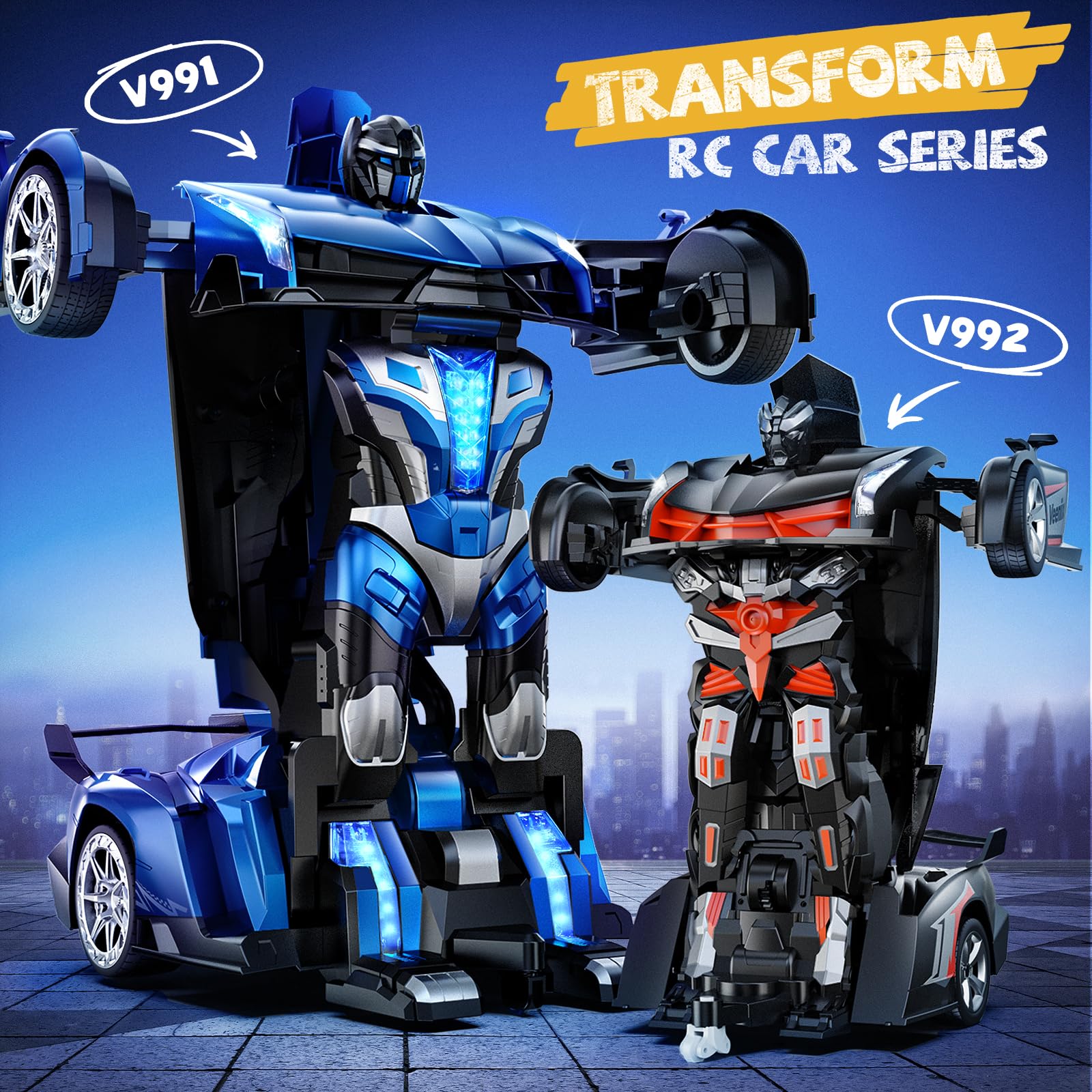 V991 1:10 Scale Transformable Remote Control Car - 2.4GHz Gesture Sensing & One-Key Deformation RC Toy with 2 Rechargeable Batteries (70 Min Playtime) - Best Robot Gift for Boys & Girls (Blue) - Perfect for Indoor Play, Outdoor Racing & STEM Learning
