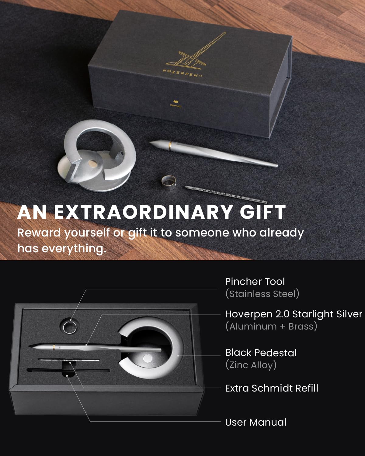 Novium Hoverpen Interstellar Edition - Premium Luxury Pen with Aerospace Alloy, Sleek Executive Design, Free Spinning Mechanism | Perfect Desk Decor & Unique Gift for Bosses, Women, Professionals (Starlight Silver, 18K Gold) | Ideal for Office Use, Business Meetings & Special Occasions