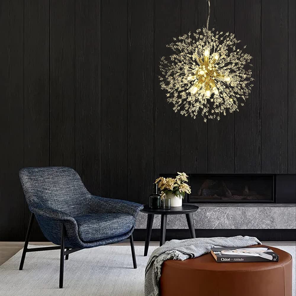 Modern Gold Crystal Chandelier - 9-Light Sputnik Dandelion Pendant Lighting Fixture for Dining Room, Living Room, Bedroom, Kitchen & Restaurant | Elegant Ceiling Light for Home Decor, Wedding Venues and Luxury Spaces