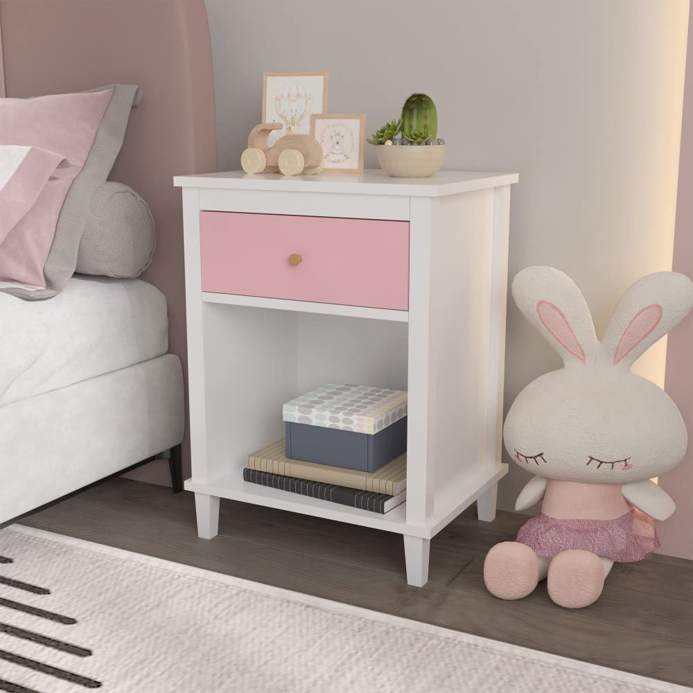 Modern Kids Nightstand with Drawer & Open Shelf - Wooden Toddler End Table for Boys & Girls - Pink, White & Multi-Color Options - Perfect for Bedroom, Living Room & Nursery Storage Organization