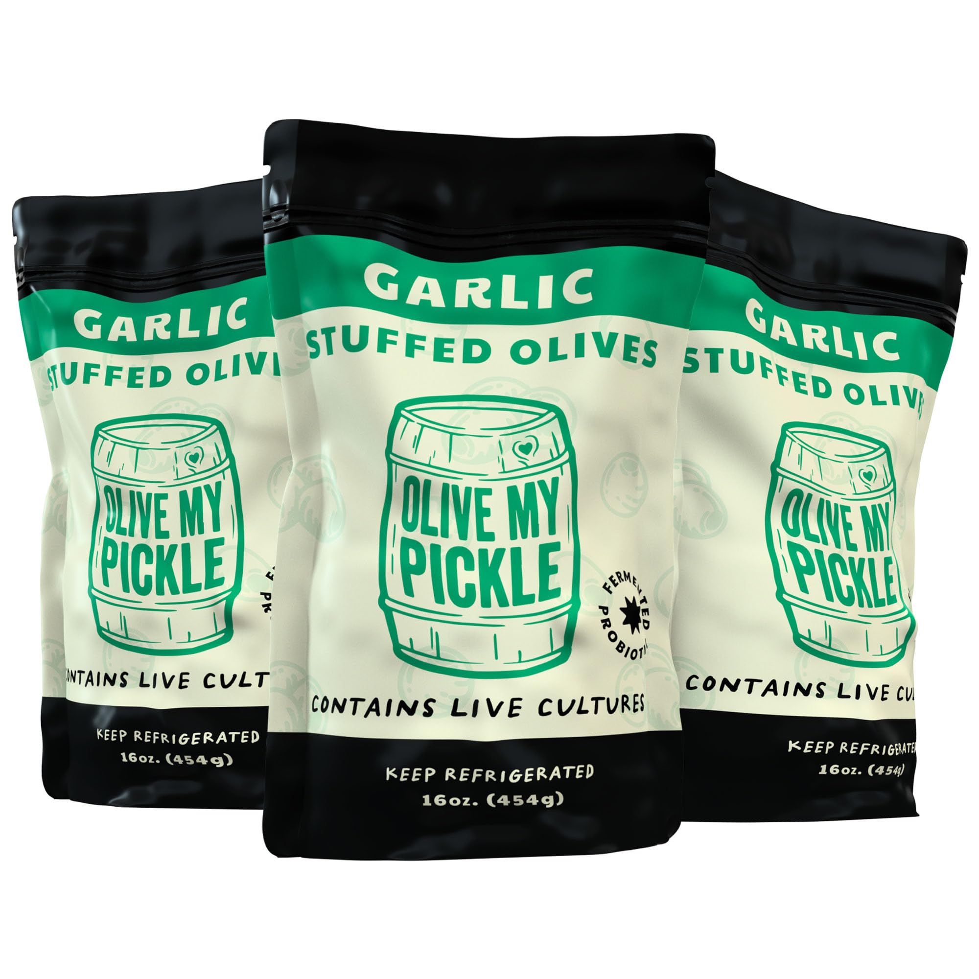 Olive My Pickle Garlic Stuffed Green Olives - 3 Pack (48 oz Total) | Keto, Paleo & Gut Health Friendly Snack | Perfect for Cocktails, Charcuterie Boards & Healthy Snacking
