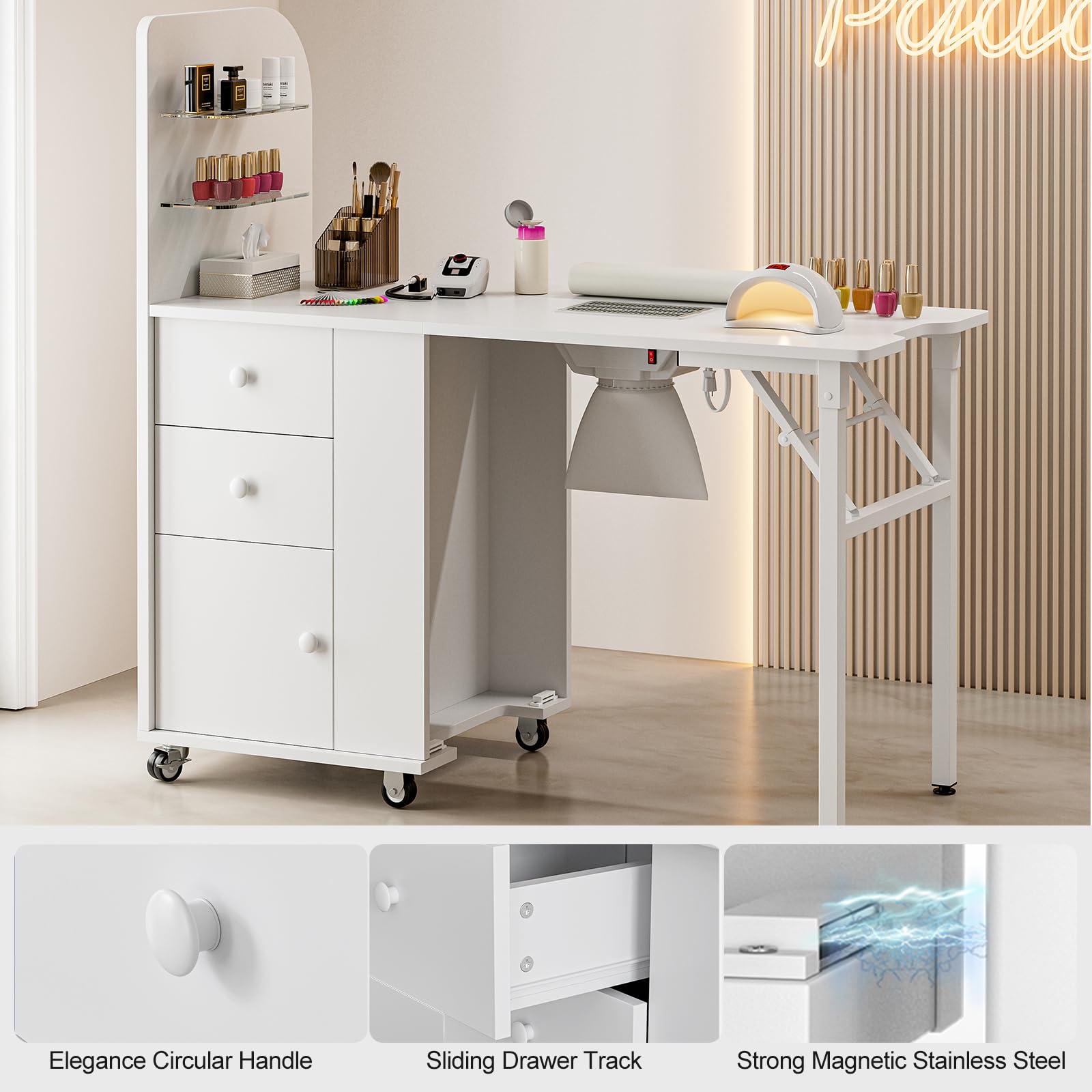 Foldable Nail Desk Manicure Table - Portable Nail Tech Station with Dust Collector, 2 Open Shelves & 2 Drawers, Wrist Cushion & Lockable Wheels - Perfect for Home Salon, Professional Nail Artists & Mobile Nail Technicians (White)