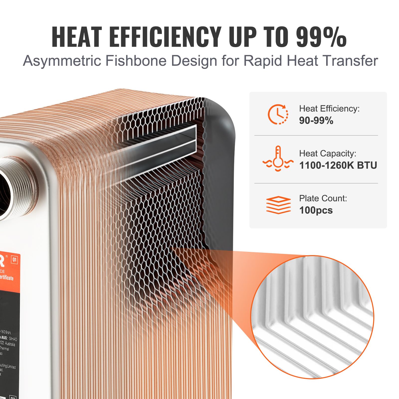 VEVOR 100 Plate Stainless Steel & Copper Heat Exchanger - High Efficiency Plate Heat Exchanger for HVAC, Industrial & Marine Applications - Perfect for Heating, Cooling & Heat Recovery Systems
