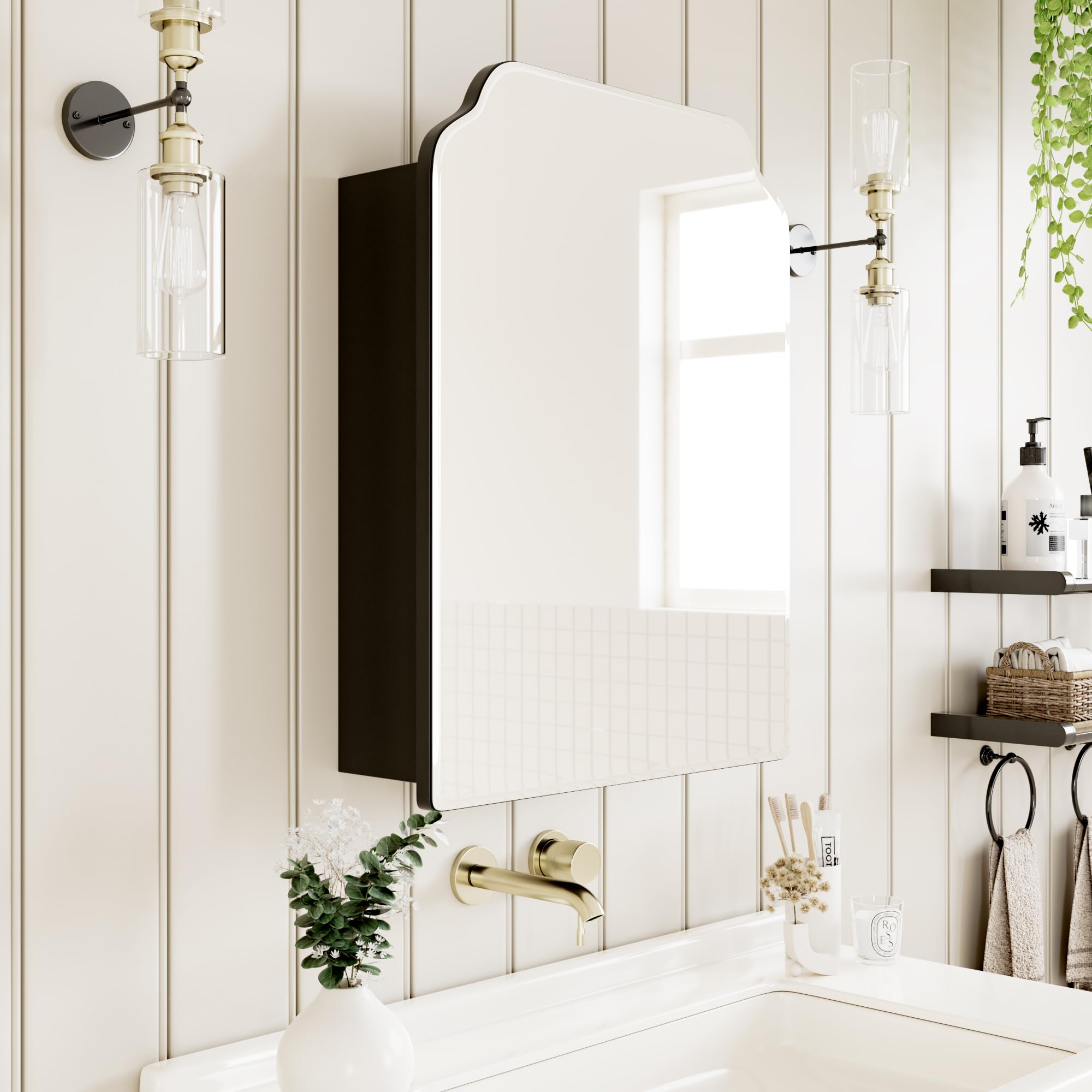 Victorian-Style Recessed Bathroom Medicine Cabinet with Curved Mirror - 16.5