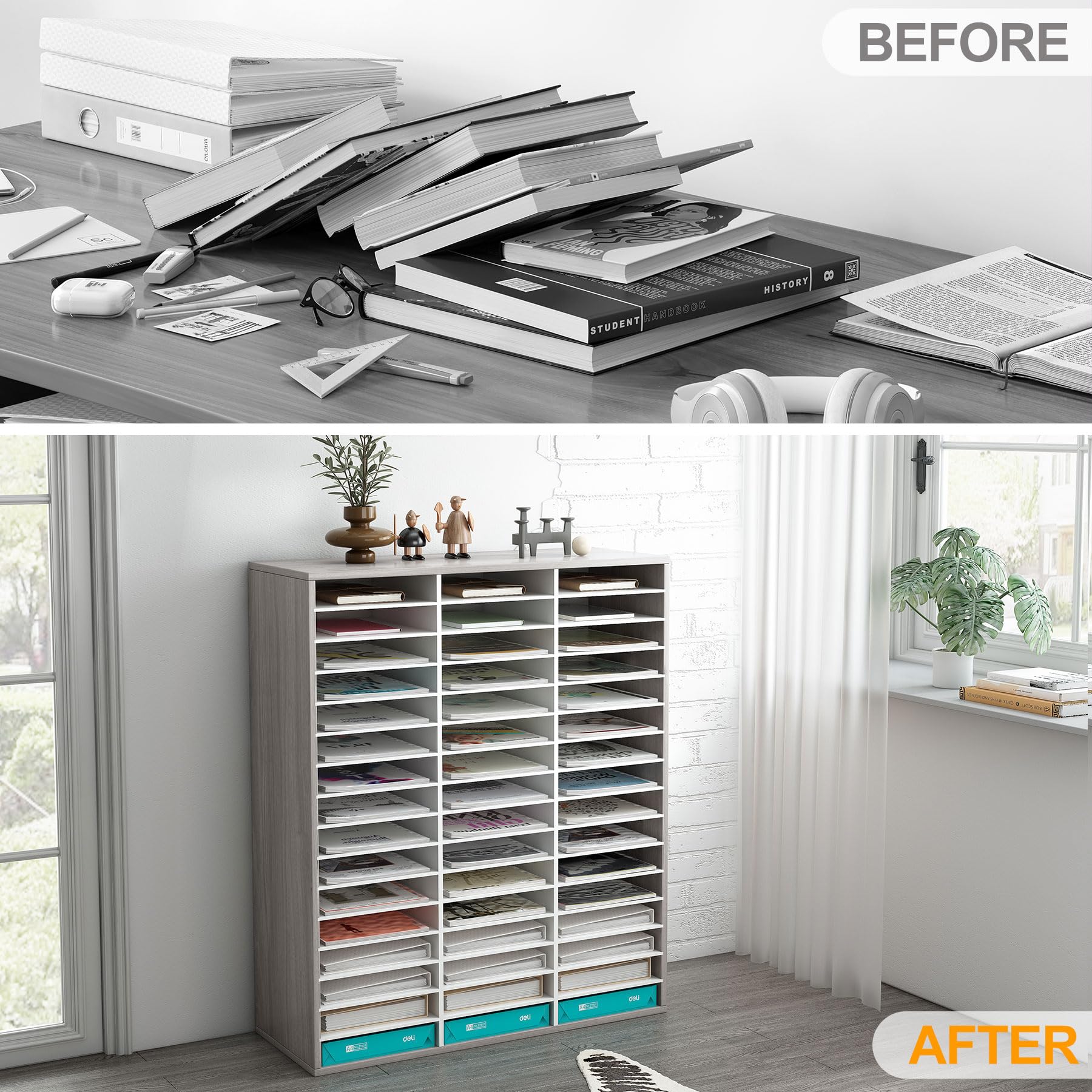 TQVAI Wooden Literature Organizer - 48 Slots Adjustable File & Mail Sorter, Paper Storage Organizer for Office, Classroom, Home - Retro Grey/White - Perfect for Mail Sorting, Document Filing & Desk Organization