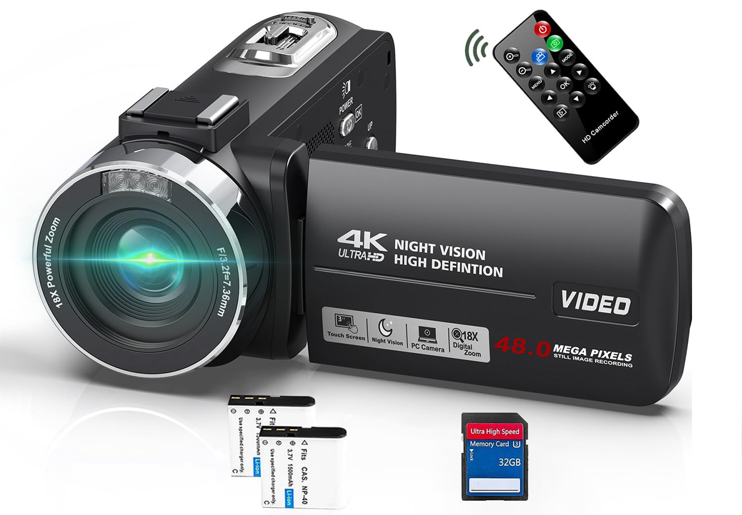 4K Video Camera Camcorder 48MP 30FPS with IR Night Vision, 18X Digital Zoom, 3.0