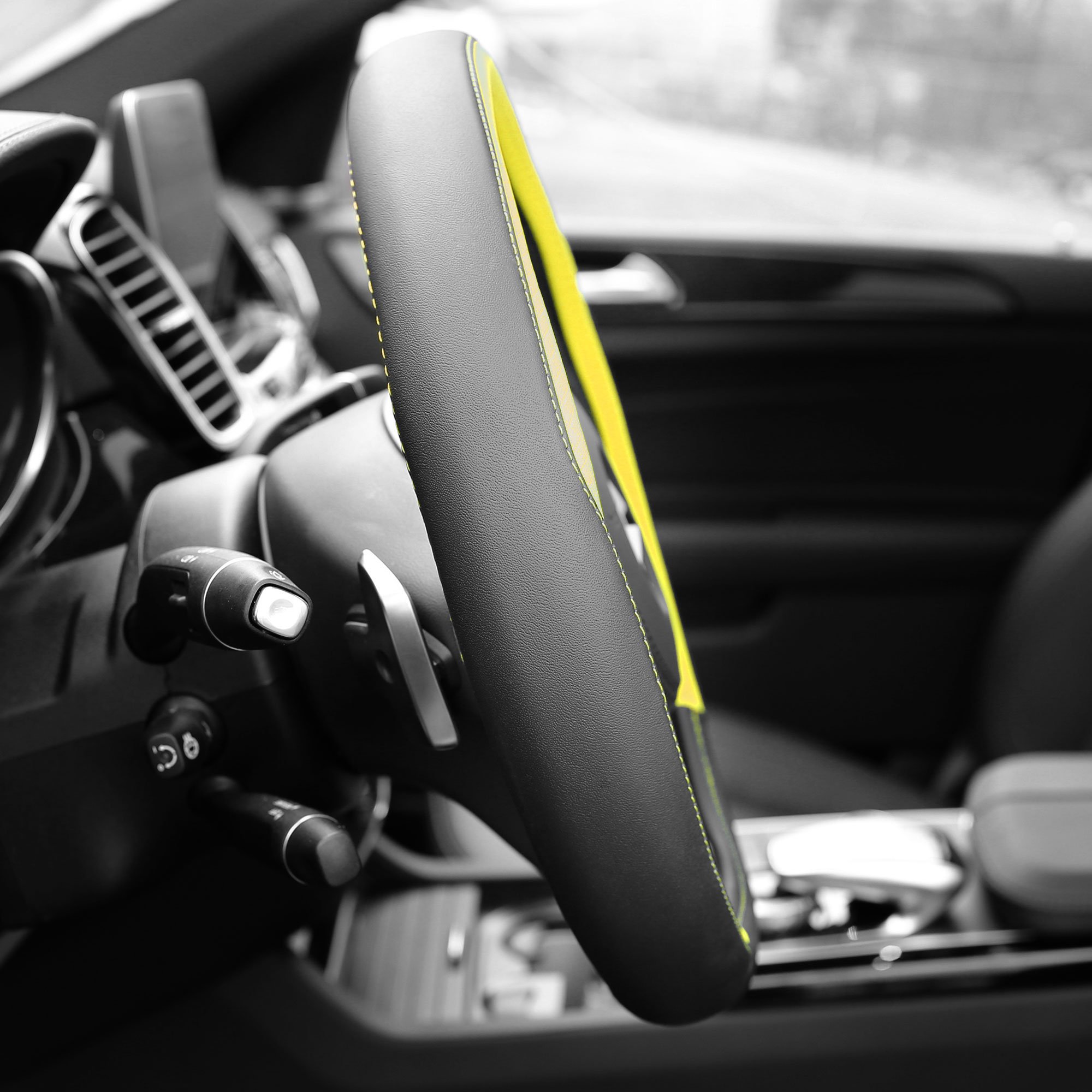 FH Group Geometric Chic Microfiber Leather Steering Wheel Cover - Universal Fit for Cars & SUVs, Non-Slip Grip, Yellow - Upgrade Your Driving Comfort & Style