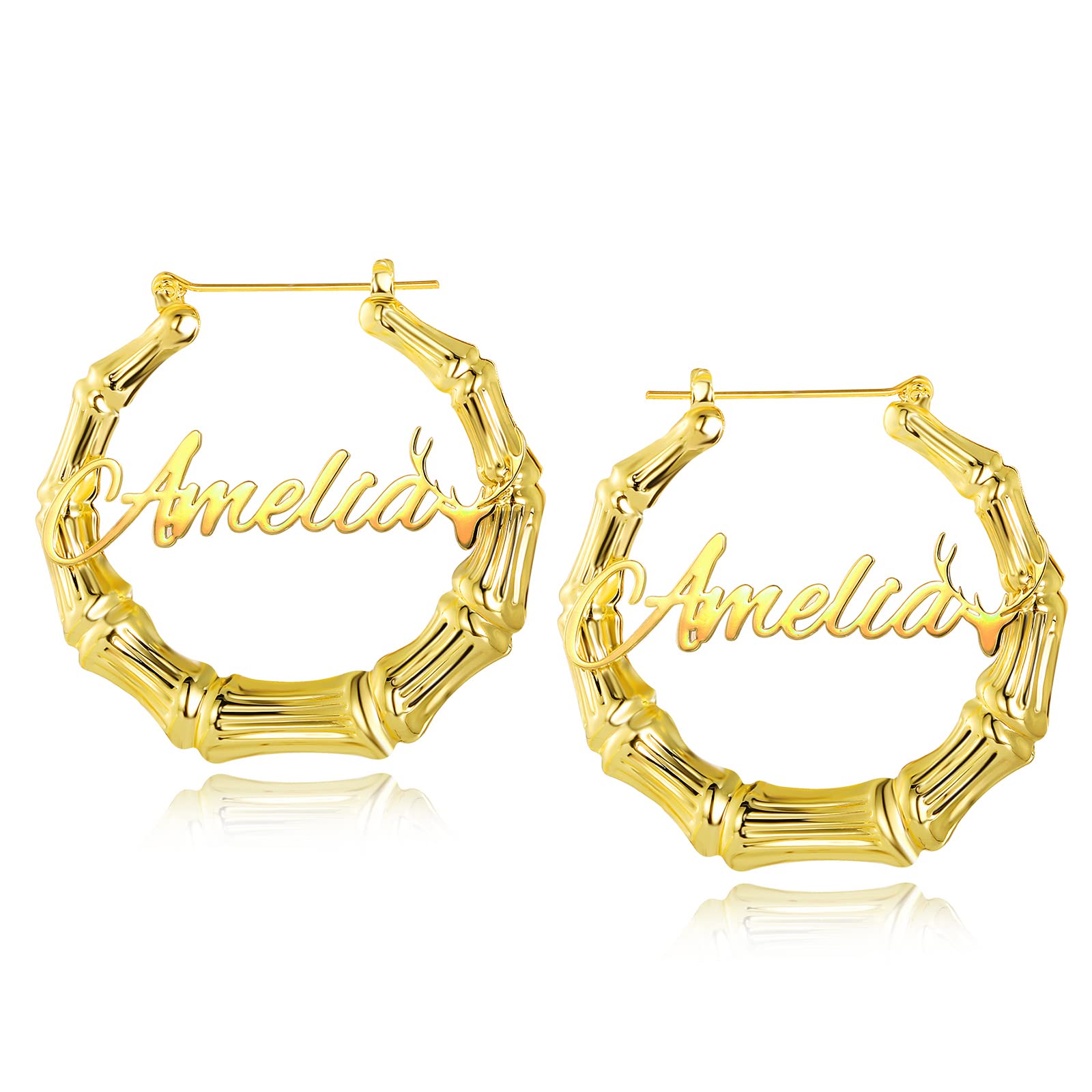 BUREI Personalized Name Earrings - 14K Gold Plated Bamboo Hoop Earrings for Women & Girls | Valentine's Day Gifts, Birthday Presents & Everyday Jewelry