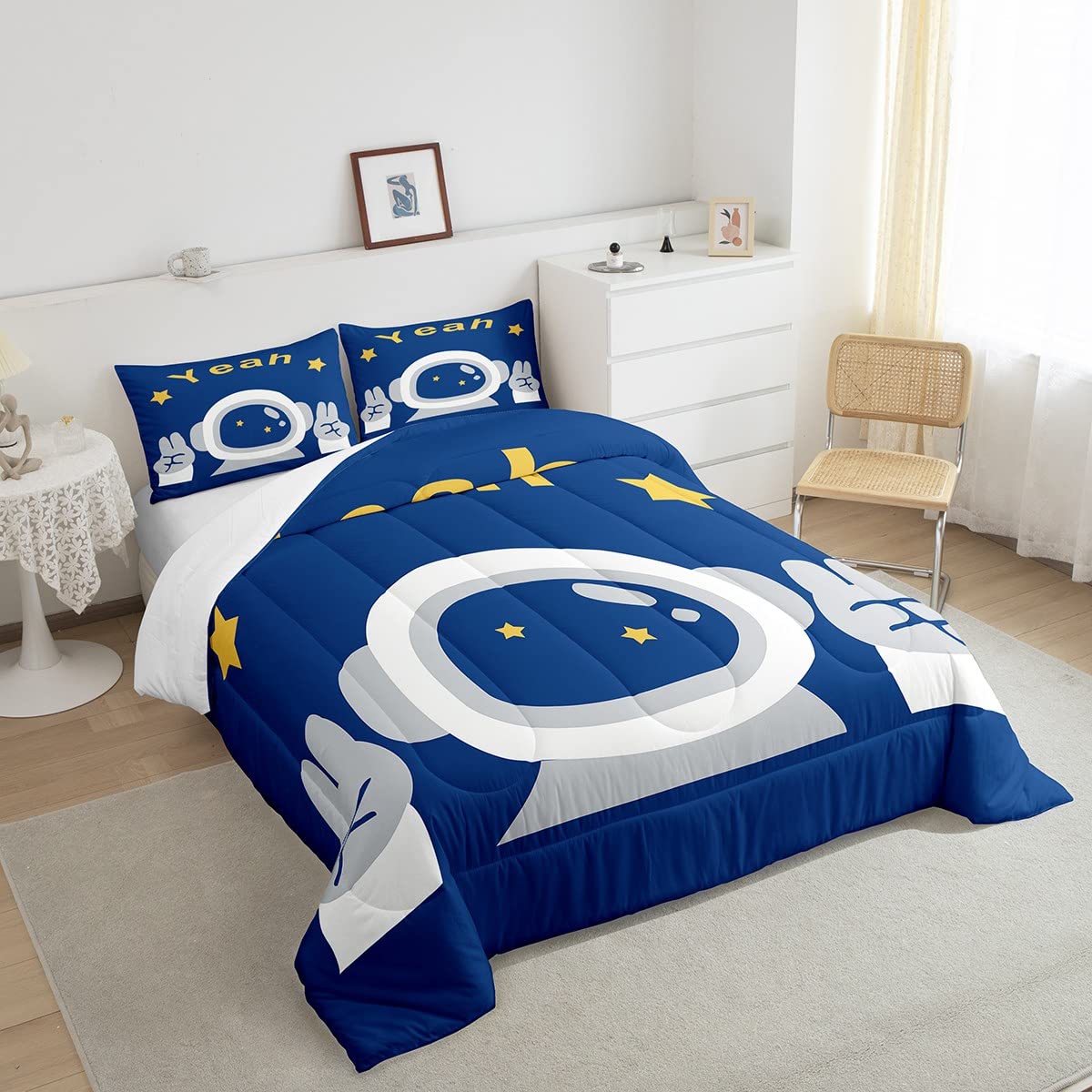 Castle Fairy Kids Cartoon Astronaut Twin Size Comforter Set - Space Themed Bedding for Boys' Room Decor | Blue Polyester Quilt with Yellow Stars Print & 1 Pillowcase | Perfect for Christmas Gifts, Birthday Presents & Kids' Bedroom Makeover