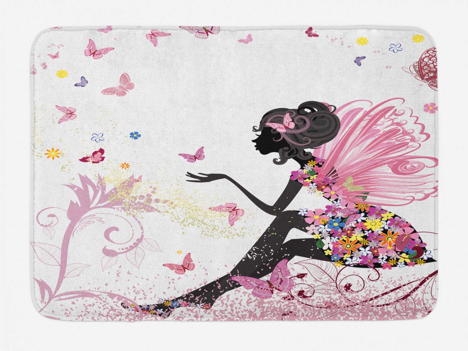 Ambesonne Plush Non-Slip Bath Mat - Fantasy Garden Print with Girl Silhouette & Butterflies, 30