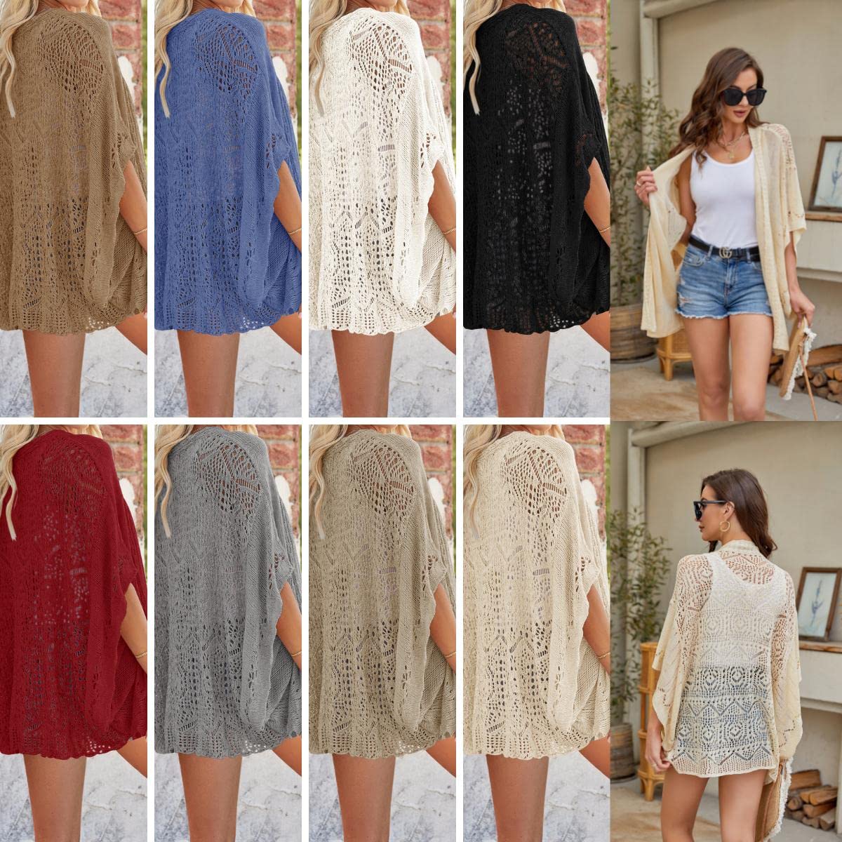 Ermonn Women's Lightweight Crochet Cardigan Sweater - Open Front Kimono Batwing Sleeve Casual Cover-Up | Perfect for Spring/Summer Outfits, Beach Cover-Up & Boho Chic Style