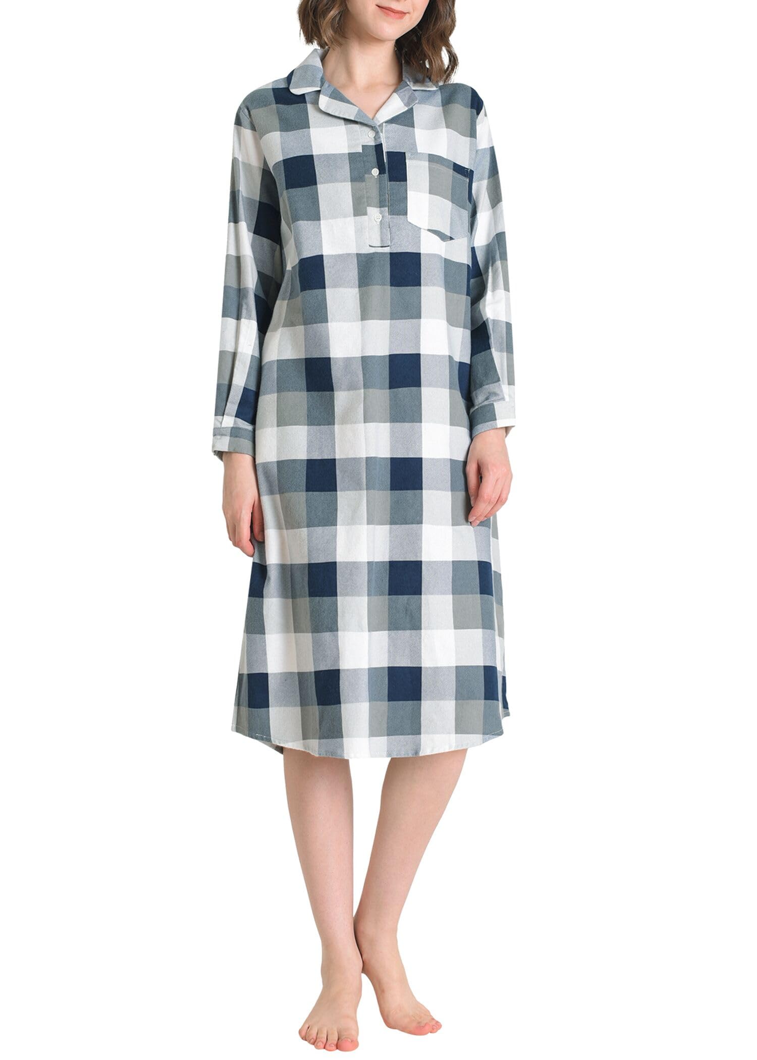 Soft Cotton Women's Flannel Nightgown - Long Sleeve Midi Length Sleepwear for Cozy Nights & Winter Comfort