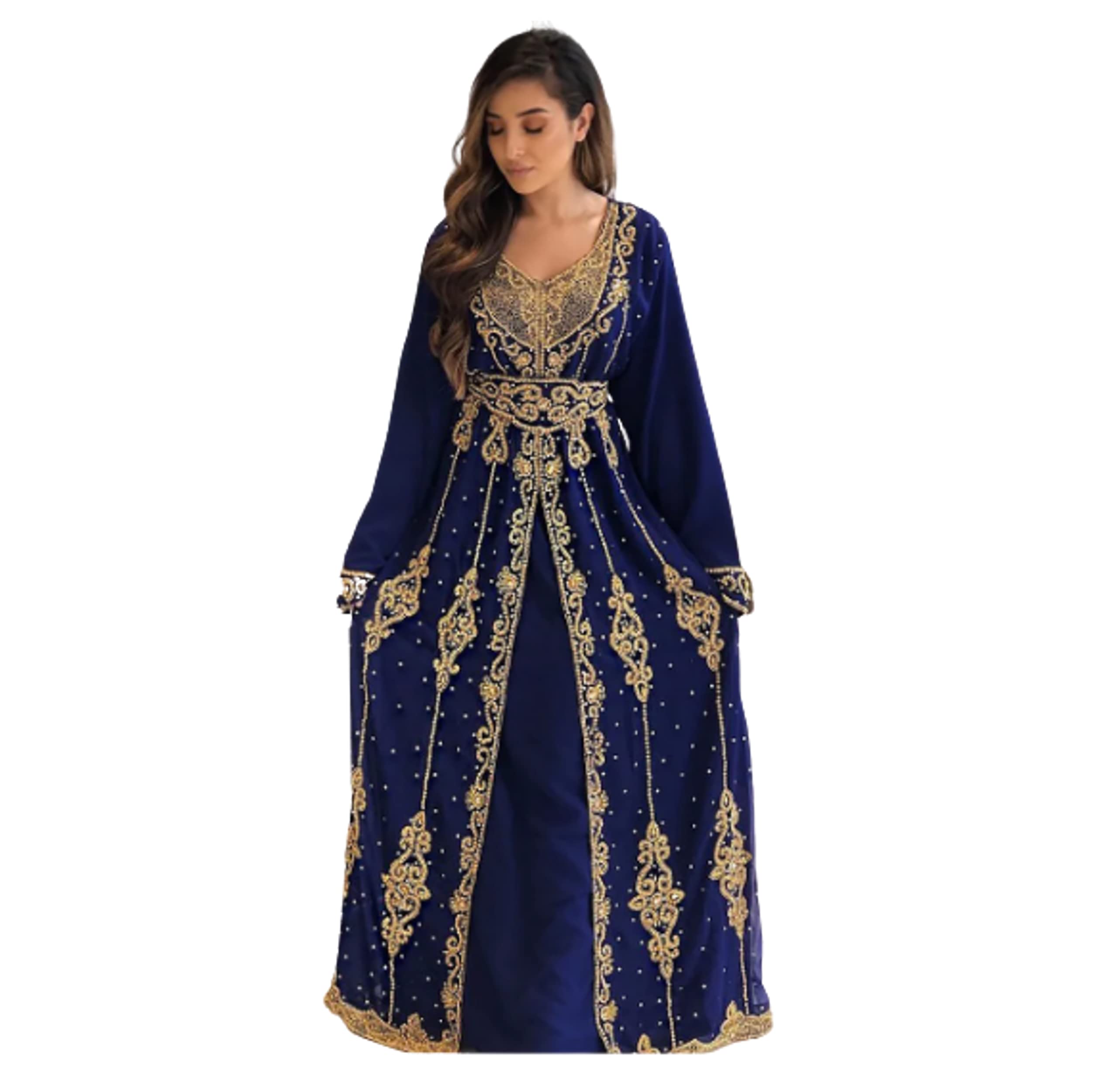 Elegant Navy Blue Moroccan Kaftan for Women - Royal African Beaded Maxi Dress | Formal Abaya for Bridesmaids, Dubai Style by Zardozi Art | Perfect for Weddings, Parties & Special Occasions
