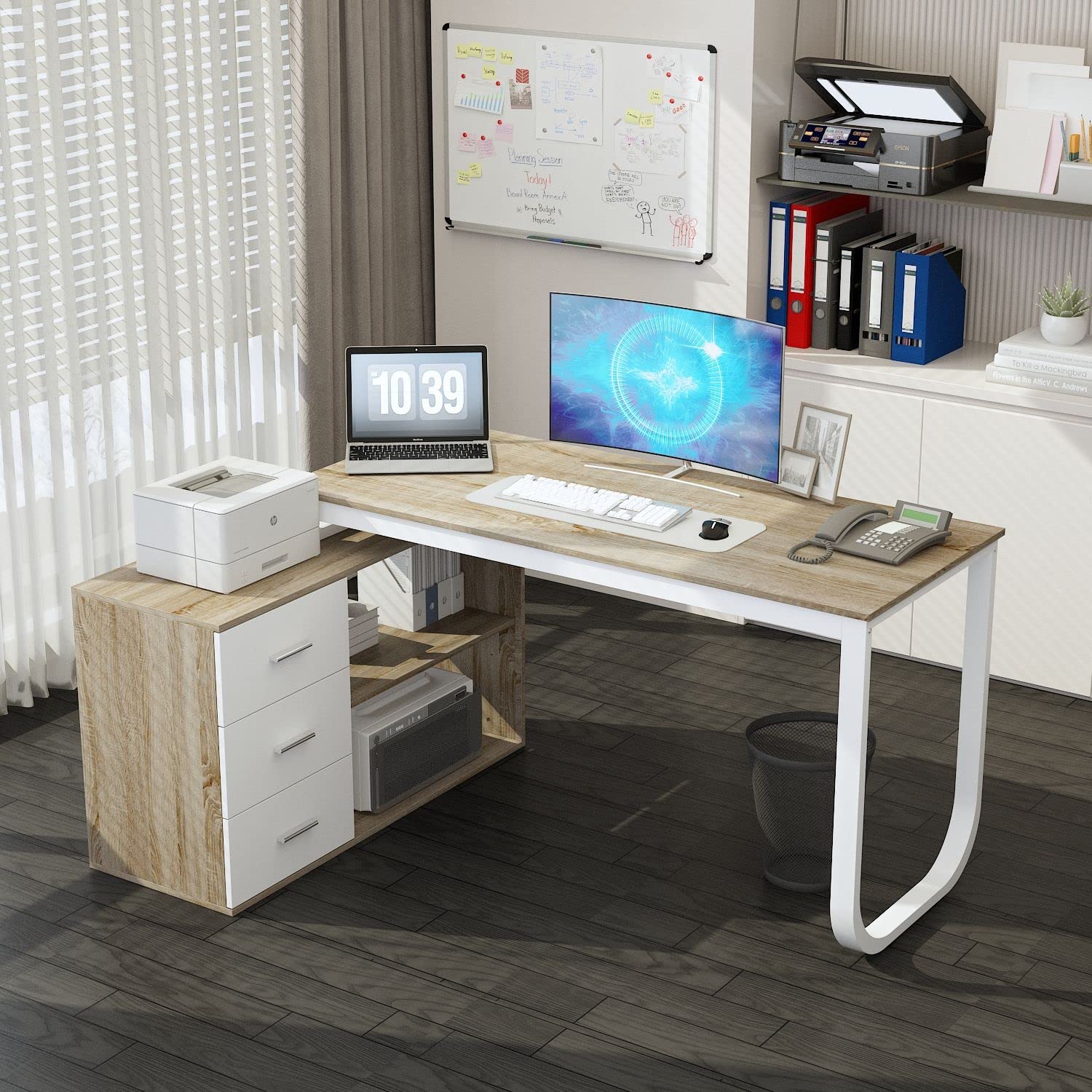 FAMAPY L-Shaped Home Office Desk with Drawers & Shelves, Wooden Corner Computer Desk for PC, Writing & Workstation - Perfect for Small Spaces, Bedroom, Study & Home Office (Beige)