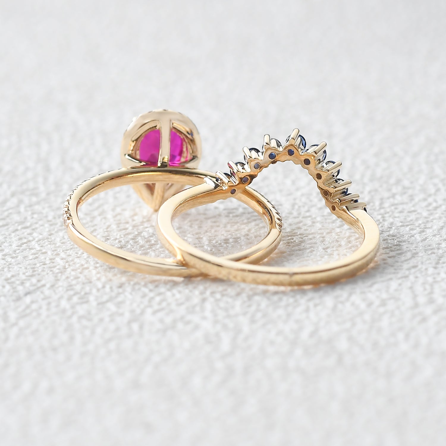 Art Deco Pear Shaped Ruby Halo Ring Set - 2 Piece Vintage Style Engagement Wedding Ring for Women - Perfect for Proposals, Anniversaries & Special Occasions