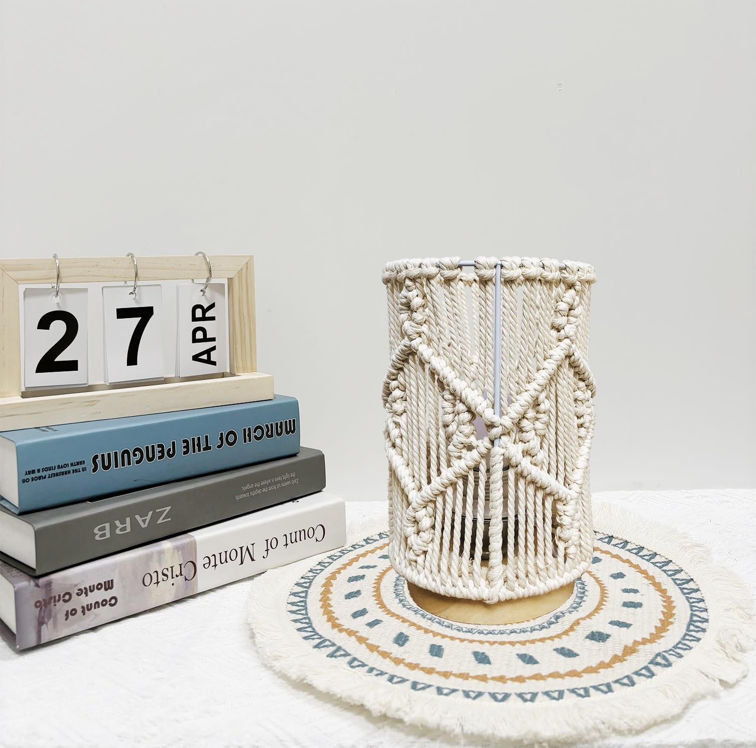 Boho Table Lamp with Hollow-Out Macrame Shade & Solid Wood Base - Handmade Decorative Night Light for Bedroom, Living Room, End Table - Includes Bulb (Creamy White) | Perfect for Cozy Reading Nooks, Romantic Bedside Lighting & Boho Home Decor
