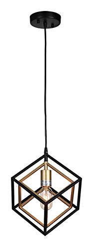 11 Inch Two-Tone Square Metal Cube Mini Pendant Light - Bronze & Oil Brass Geometric Cage Cubist Hanging Ceiling Lamp - Perfect for Loft, Hallway, Dining Room, Bedroom & Modern Interior Decor