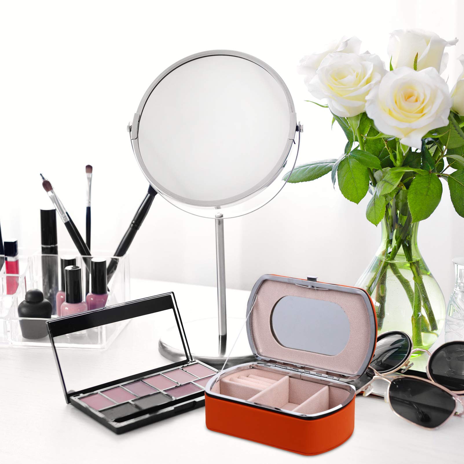 Portable Leather Jewelry Box with Mirror - Mini Travel Jewelry Organizer for Rings, Bracelets, Necklaces & Earrings | Orange Trinket Storage Case for Women, Perfect for Travel, Home & Gift Giving