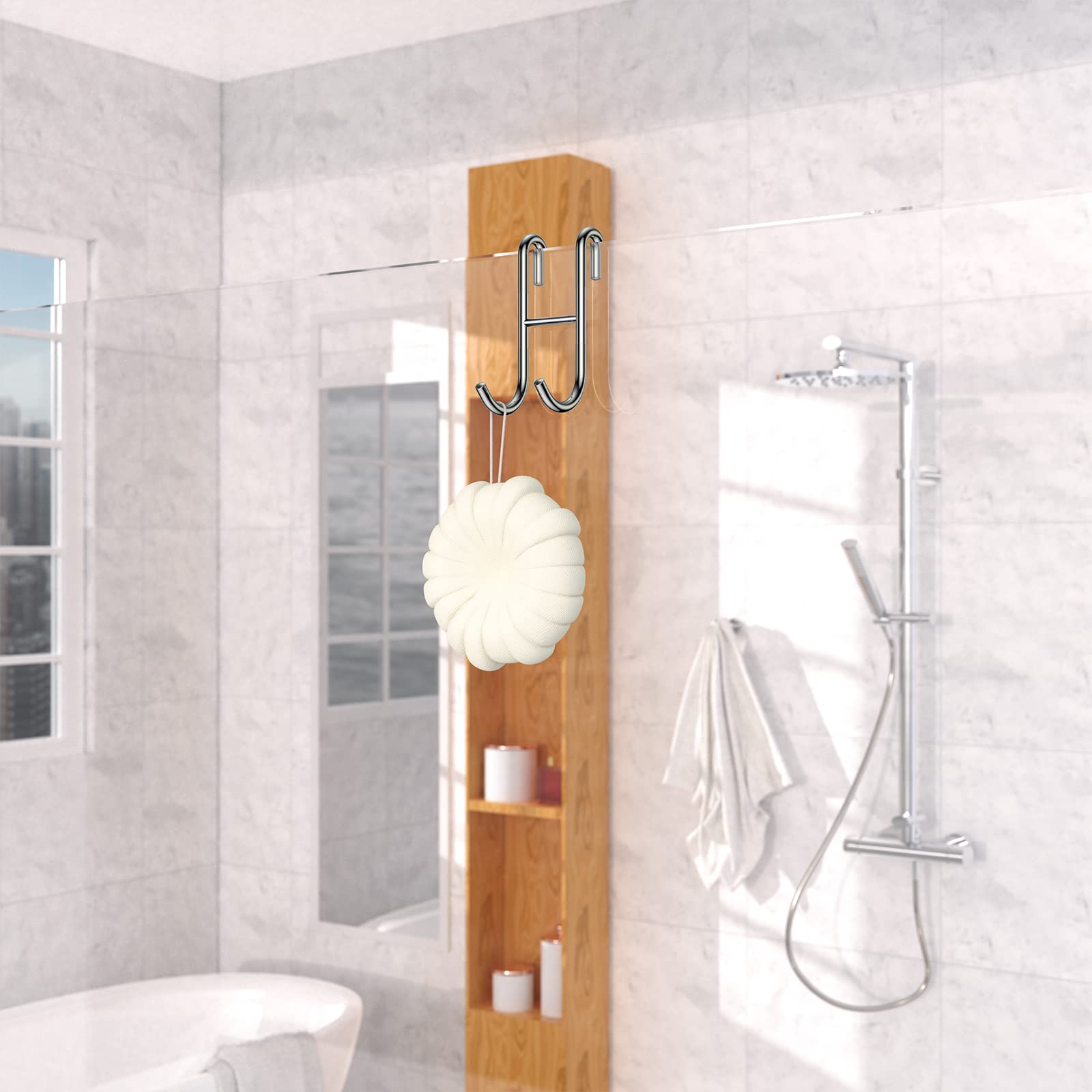 2 Pack Silver 304 Stainless Steel Over Shower Glass Door Hooks - No Drill Bathroom Hanger for Towels, Robes, Bathing Suits & Accessories - Rustproof Frameless Shower Organizer for Spa, Gym & Home Use