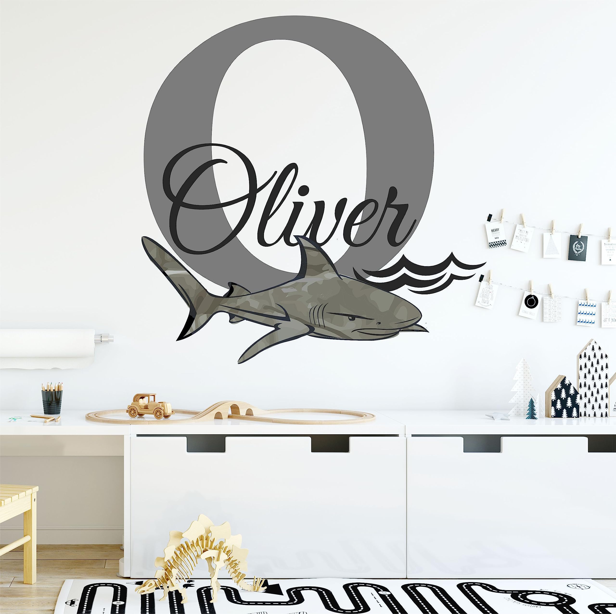 Custom Boys Nursery Baby Shark Beach Sea Theme Personalized Name & Initial Vinyl Wall Decal - Medium Size Wall Decor Sticker for Kids Room, Playroom, or Nursery