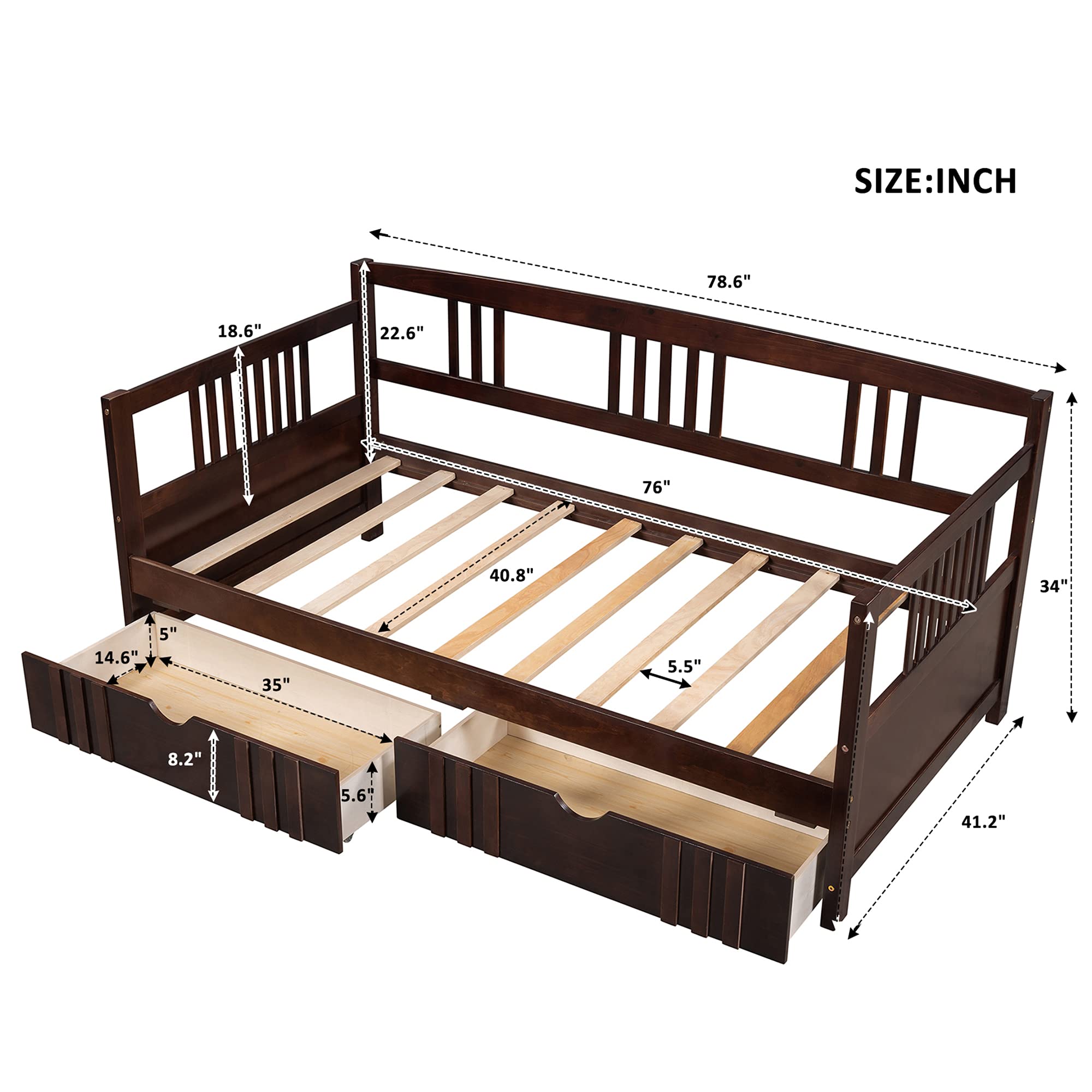 P PURLOVE Twin Size Wooden Daybed with Rails & Drawers - Modern Espresso Finish, Solid Wood Slat Support - Perfect for Guest Rooms, Small Spaces & Multi-Functional Living Areas