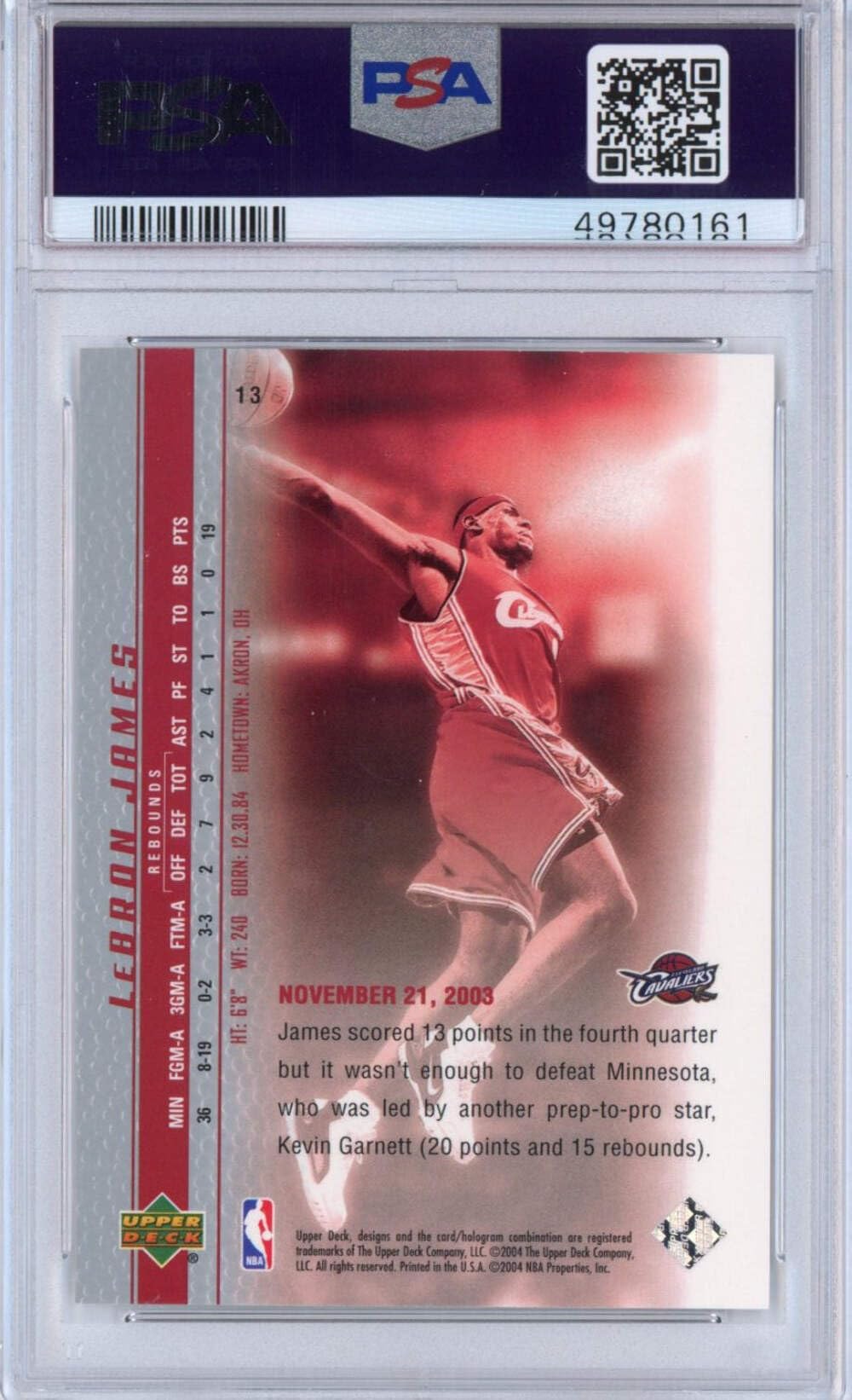 2003-04 Upper Deck LeBron James #13 Rookie Card PSA 10 Gem Mint - Phenomenal Beginnings Basketball Collectible for Display & Investment
