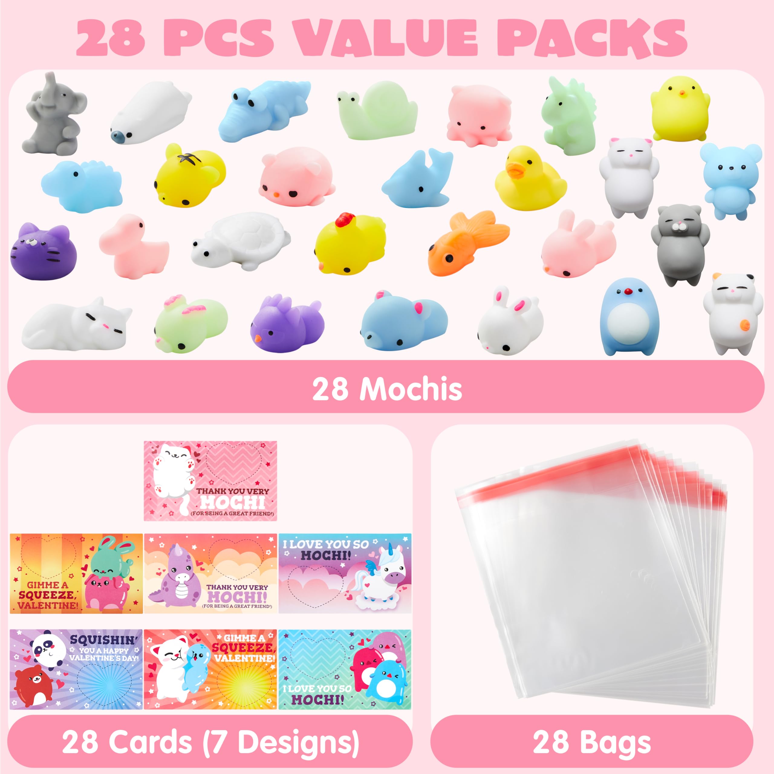 JOYIN 28 Pack Kawaii Mochi Squishy Toys with Gift Cards - Stress Relief Fidget Toys for Kids, Classroom Prizes, Party Favors & Sensory Play - Perfect for Birthday Gifts, School Rewards and Anxiety Relief