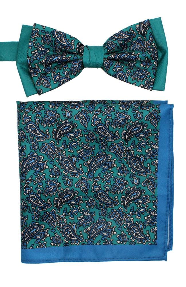L.A. Smith Premium Polyester Green Paisley Bow Tie & Pocket Square Set | Formal Wear Accessories for Weddings, Prom & Special Occasions