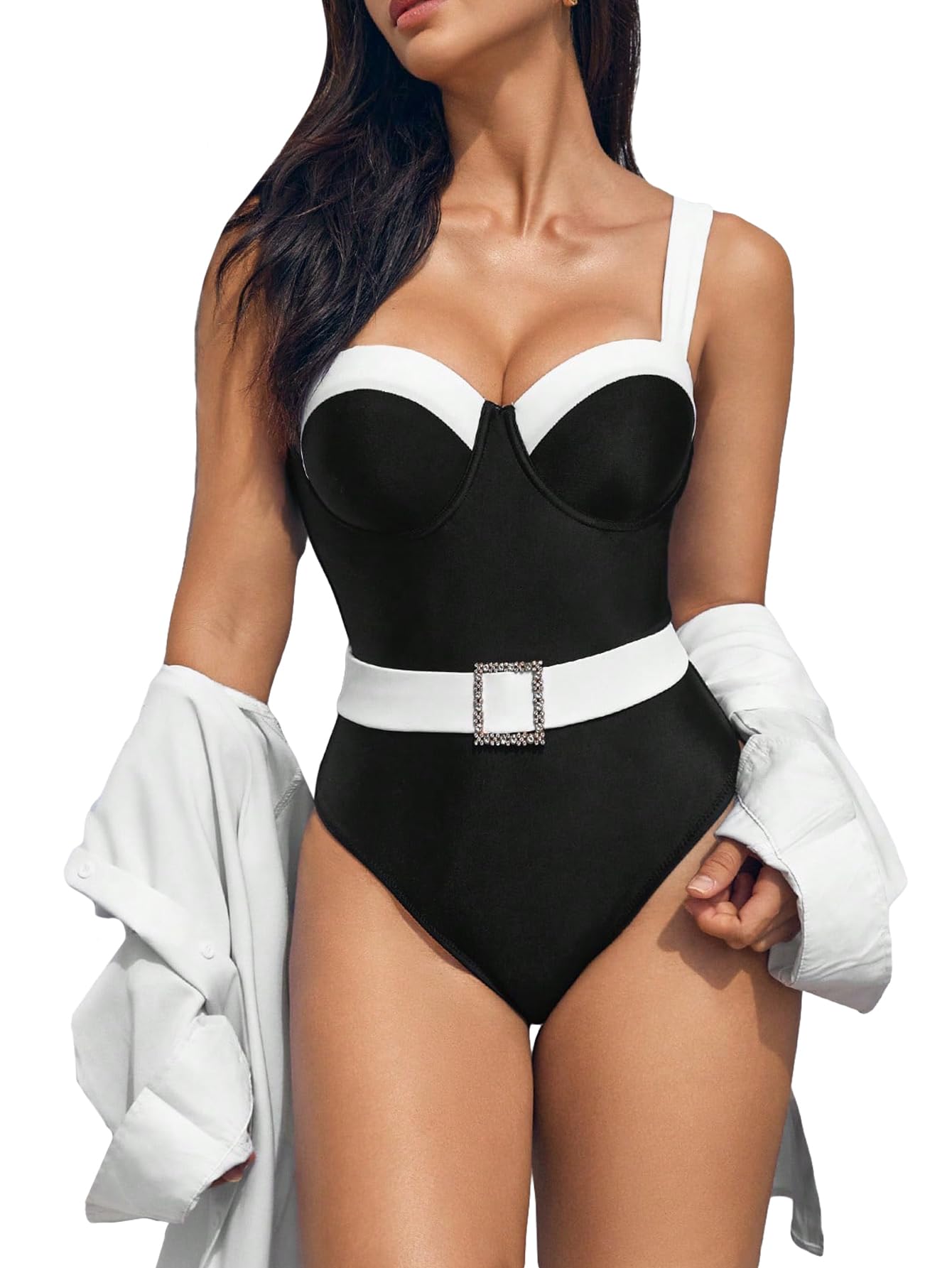 Women's Push Up Swimsuit - Colorblock Belted One Piece for Beach & Pool