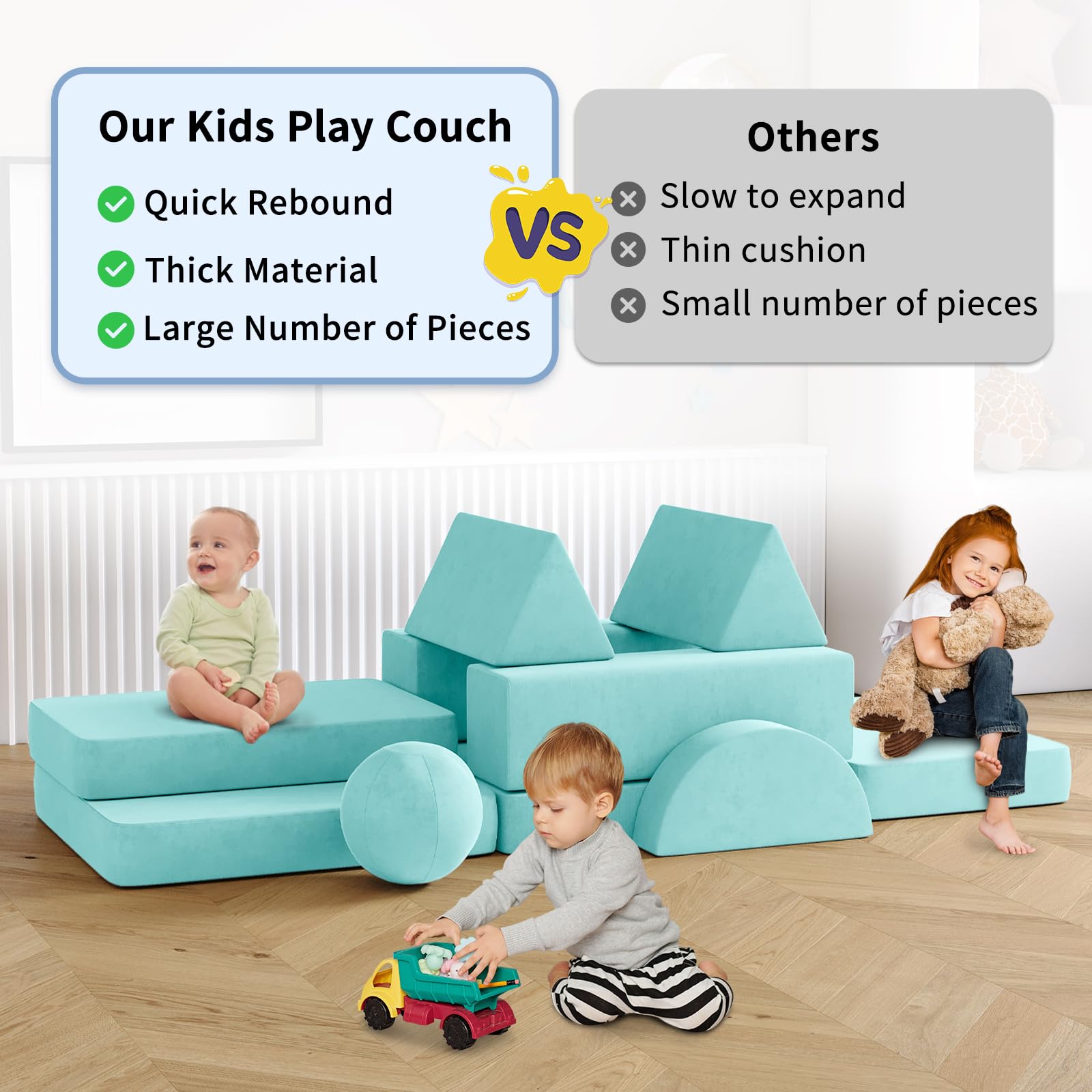**12PCS Modular Kids Couch Set with 2 Balls & Play Tunnel – Soft Toddler Sofa for Playroom, Kickball & Pitching Games – 30+ Creative Play Ideas – Ice-Snow Blue – Perfect for Indoor Playdates, Learning & Fun**