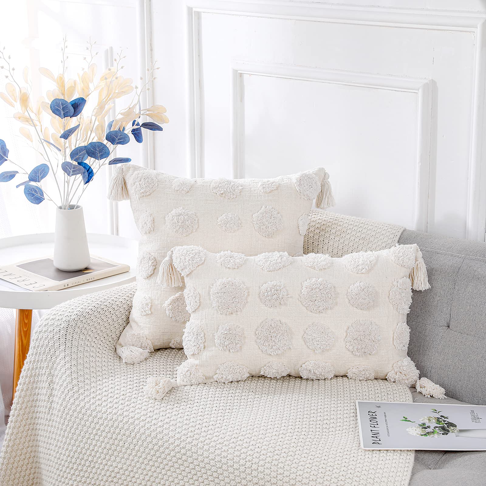 PANOD Super Soft Farmhouse Decorative Plush Throw Pillow Covers 24x24 Inch - White Pom Pom Tufted Boho Square Cushion with Tassels for Sofa, Couch, Bed & Home Decor | Cozy Living Room & Bedroom Accent