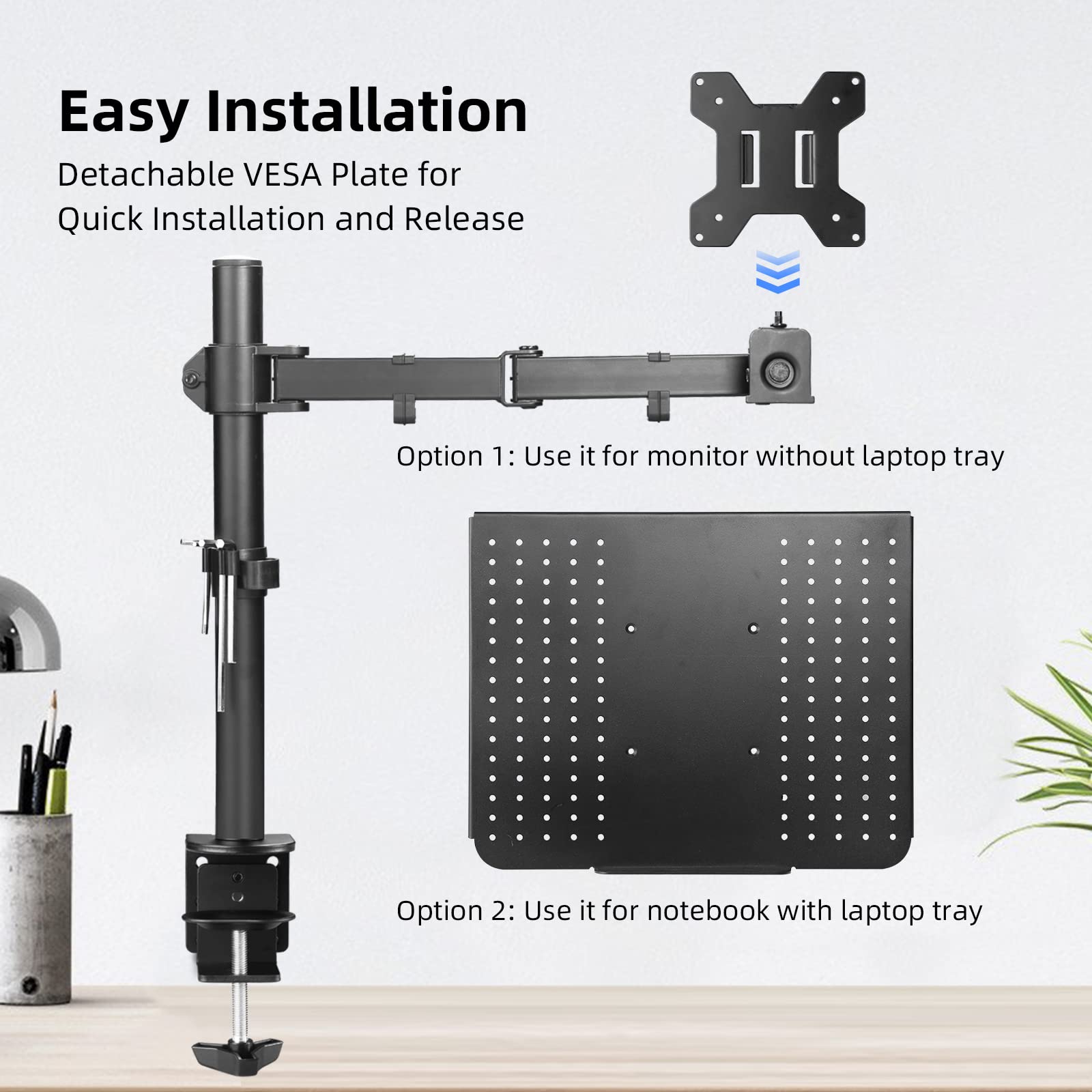 Suptek Adjustable Laptop Desk Mount Stand with Tray - Ergonomic Monitor Arm for 13-27 Inch Screens, Supports Notebooks up to 17