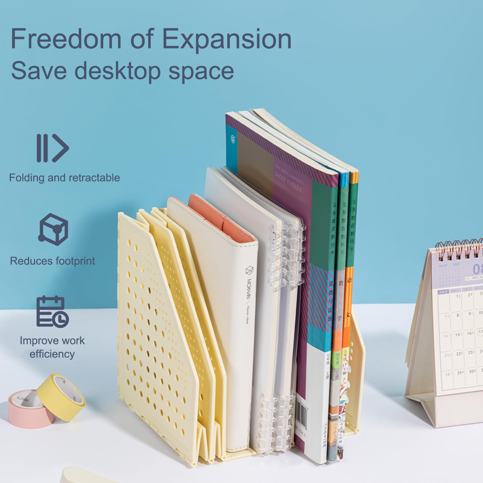 Deli Collapsible Magazine File Holder - 4 Vertical Compartment Adjustable Desk Organizer | Sturdy Binder Storage for Office, School & Home (Blue) | Perfect for Organizing Documents, Books & Office Supplies