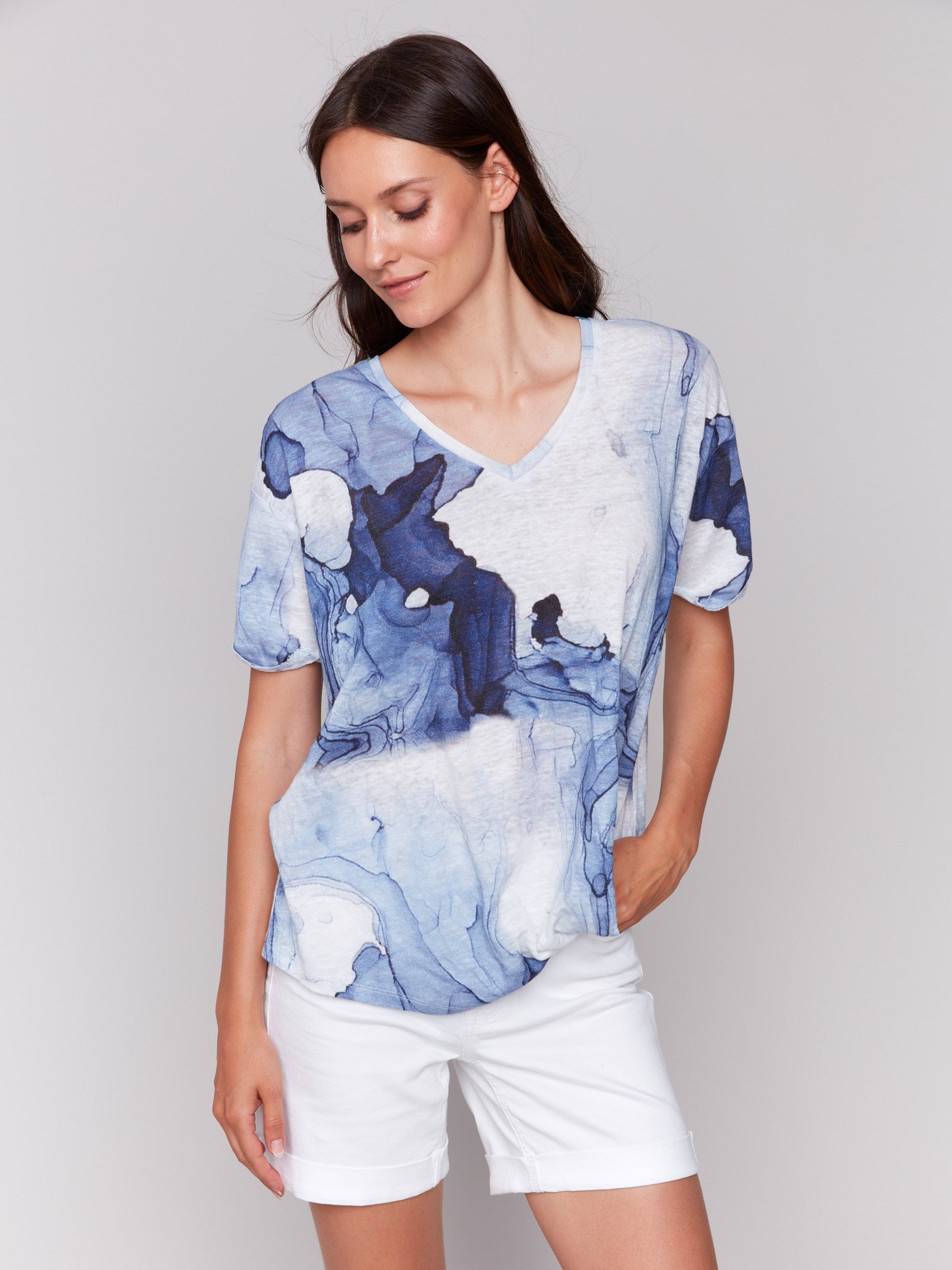 Printed Linen Blend Twist Front T-Shirt for Women | Soft & Breathable Summer Top | Casual Wear, Beach Outfits & Everyday Fashion