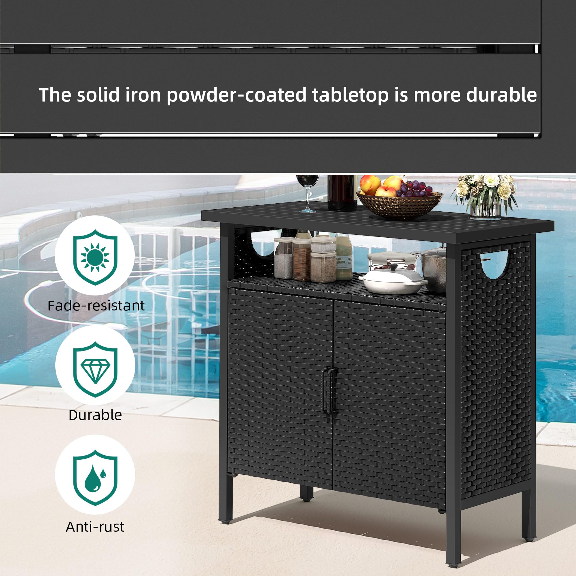 YITAHOME Black Outdoor Storage Cabinet - Patio Deck Bench with Wicker Design, Multi-Purpose Storage Console for Cushions, Pool Toys & Garden Supplies | Perfect for Backyard, Poolside & Patio Organization