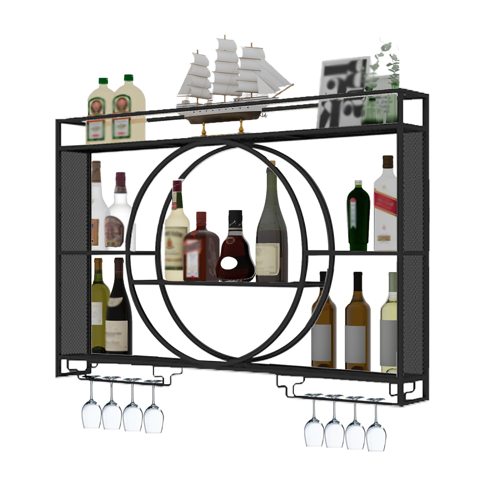 Wall Mounted Wine Rack - 3-Tier Large Capacity Metal Hanging Wine Storage Shelf with Glass Holder - Round Design for Kitchen, Living Room, Home Bar - Perfect for Entertaining Guests & Displaying Your Wine Collection (Black, 39.3 Inch/100cm)