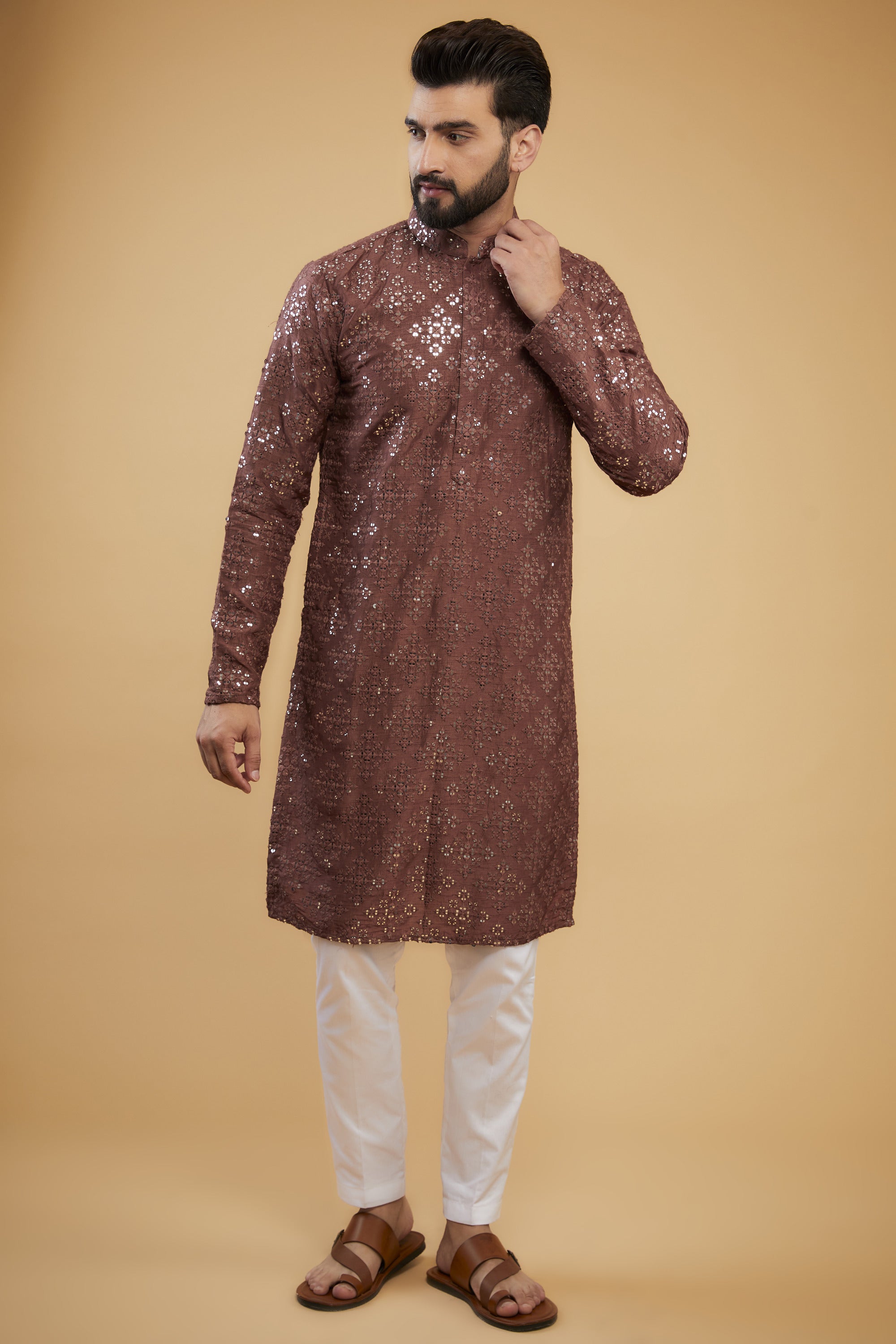 Elegant Mauve Taupe Mirror Work Kurta for Women | Traditional Indian Embroidered Tunic | Perfect for Festivals, Weddings & Ethnic Parties