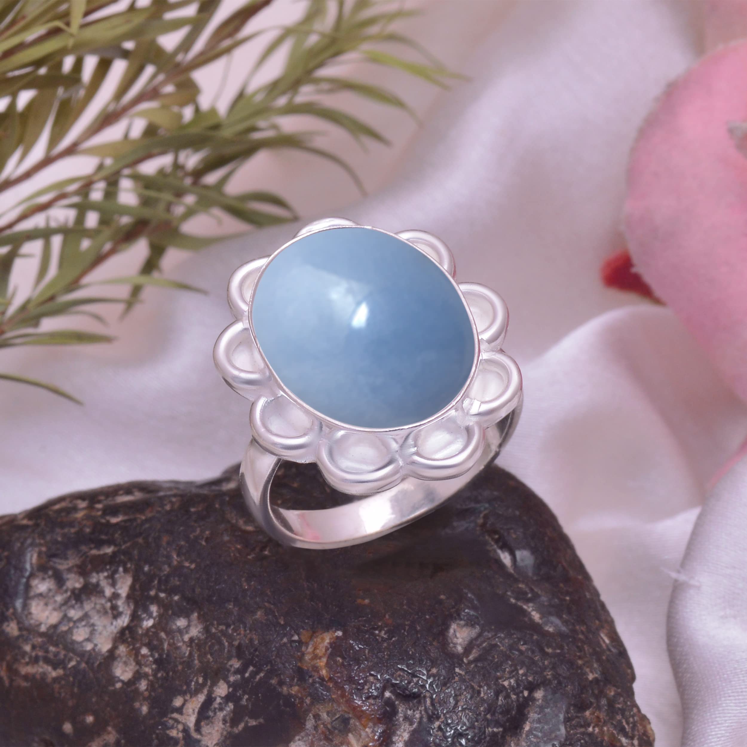 Veracity Jewelry Angelite Rings for Women - 925 Sterling Silver Handmade Rings with Natural Blue Angelite Gemstone - Elegant Designer Jewelry Gift for Her - Perfect for Weddings, Anniversaries & Special Occasions
