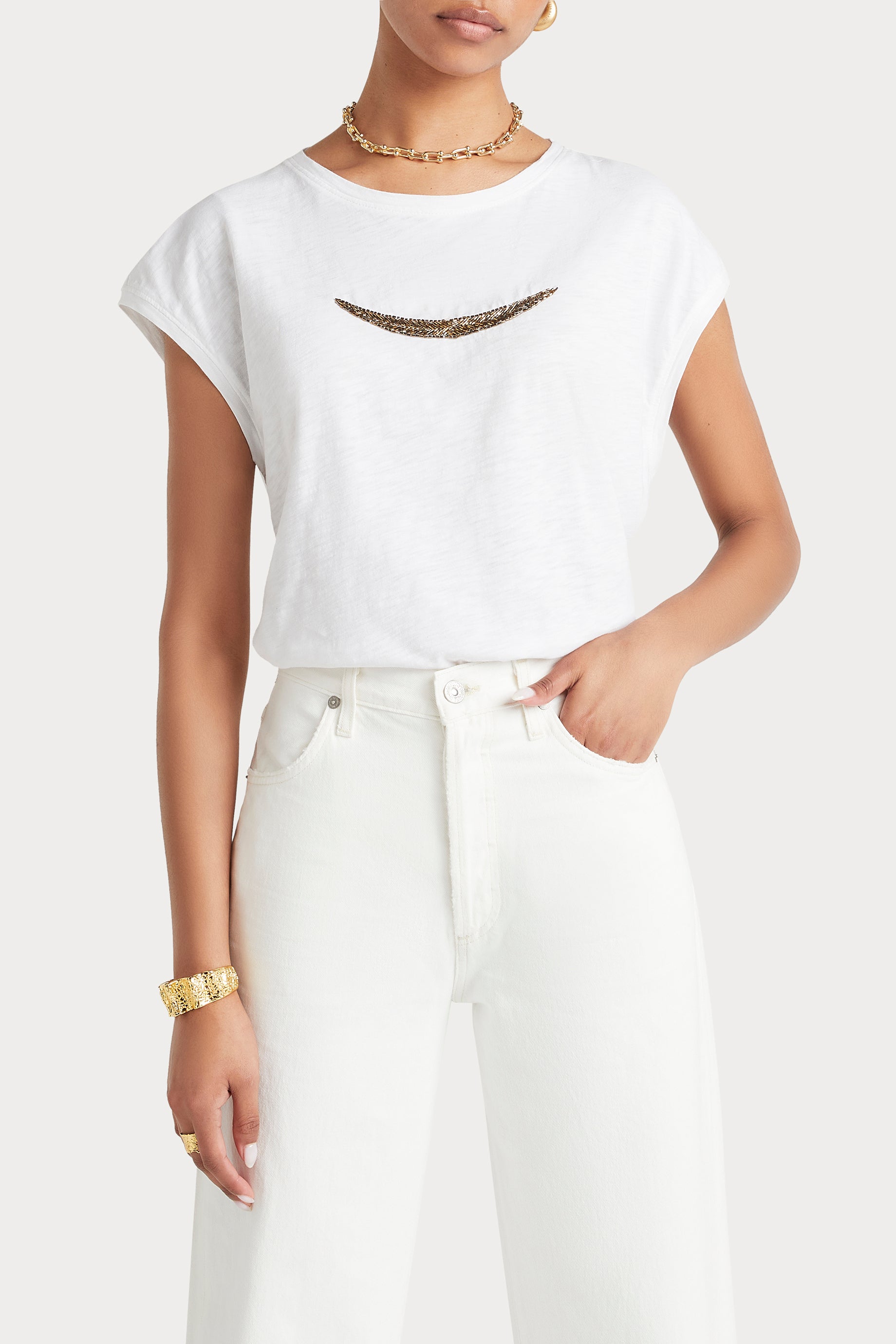 Husk Beaded Tee - Women's White Boho Embroidered T-Shirt for Casual Wear & Summer Outfits