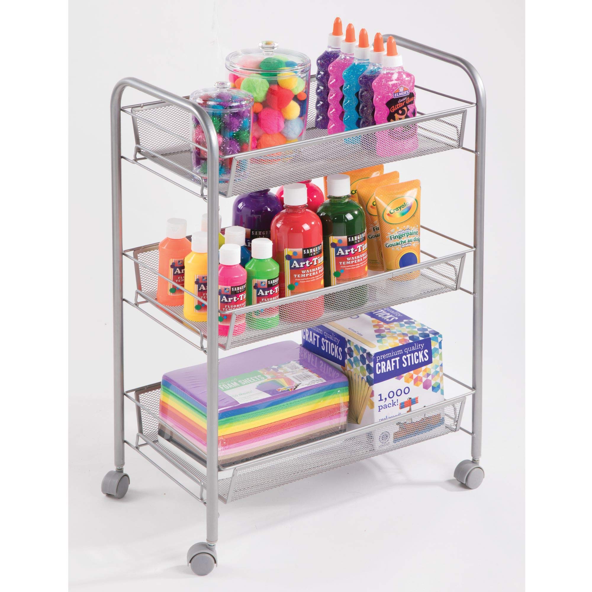 InterDesign 04920 Brio 3-Tier Rolling Storage Cart with Omni-Directional Wheels & Removable Mesh Baskets - Silver | Space-Saving Organizer for Kitchen, Bathroom, Office, or Dorm Room