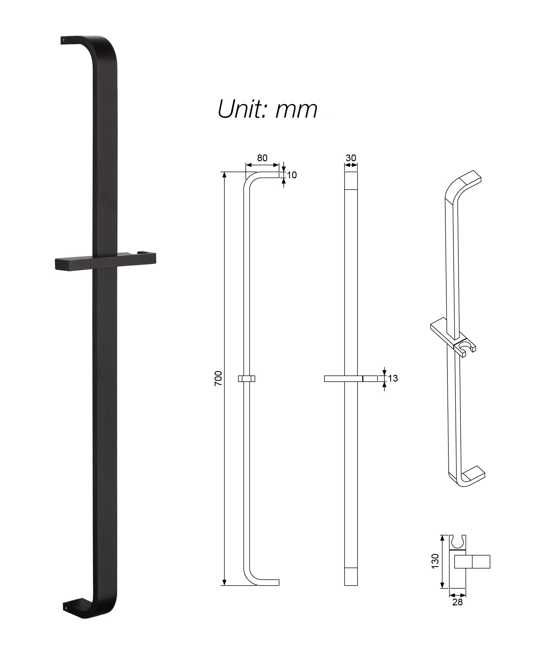 Kelica Matte Black Solid Wall Mount Brass Hand Shower Slide Bar - Adjustable Handheld Shower Head Holder for Bathroom & Spa Relaxation