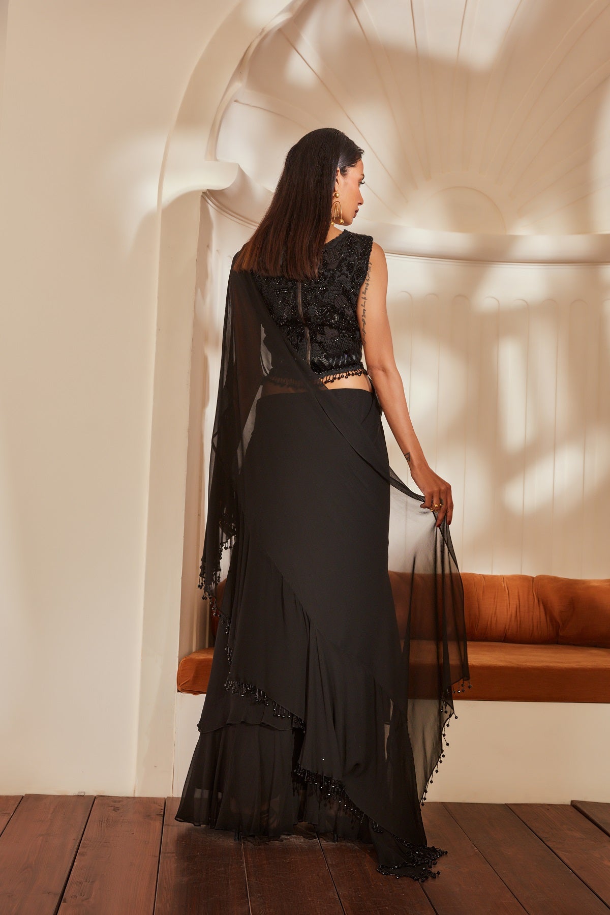 Elegant Black Ruffle Saree with Matching Blouse & Belt - Noire Glass Beads & Thread Embroidery for Women | Perfect for Weddings, Parties & Special Occasions