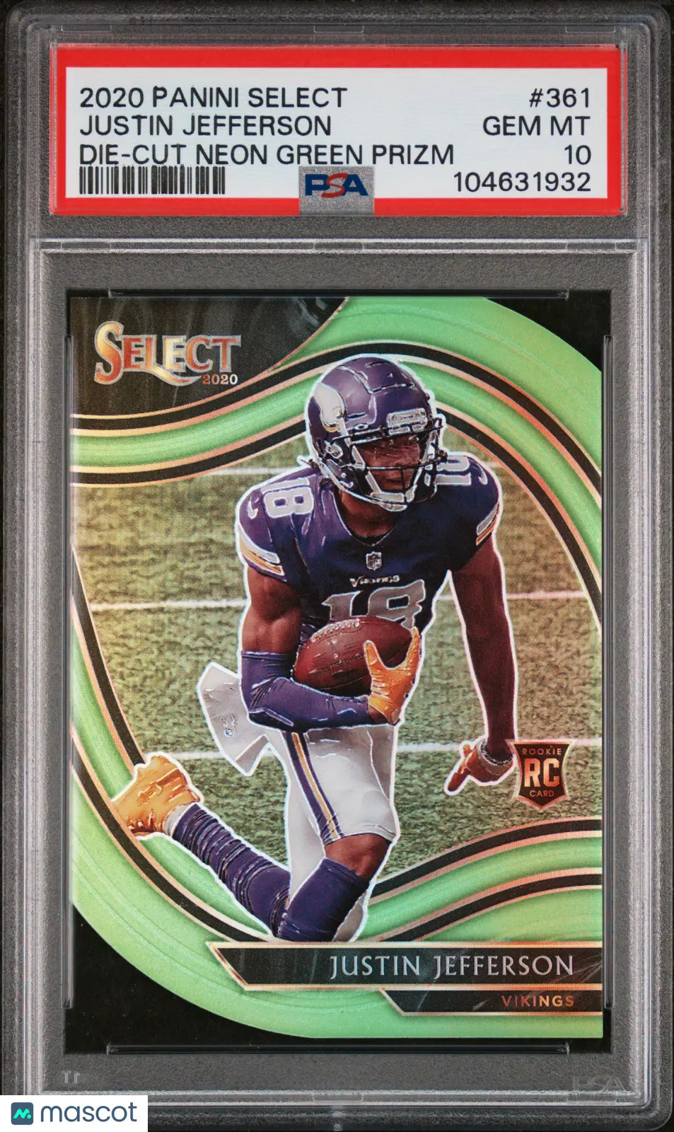 2020 Panini Select Justin Jefferson Rookie Card Neon Green Die Cut PSA 10 Gem Mint - Perfect for NFL Collectors & Sports Memorabilia Displays