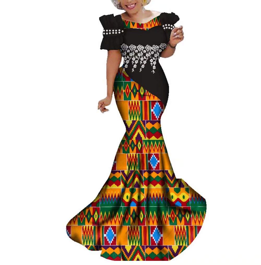 Elegant Ankara Maxi Mermaid Dress for Women - African Print Gown with Lace Decorations for Parties, Weddings & Special Occasions