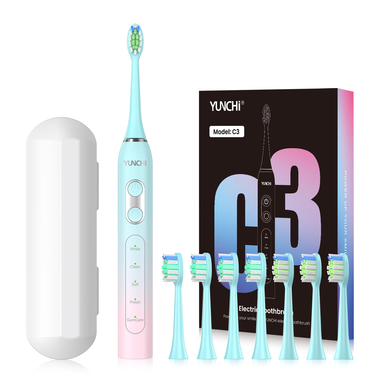 YUNCHI Sonic Electric Toothbrush for Adults & Kids - Rechargeable Toothbrush with 5 Cleaning Modes, 2-Minute Smart Timer & Travel Case - Pink & Blue Gradient - Perfect for Home, Travel & Family Oral Care