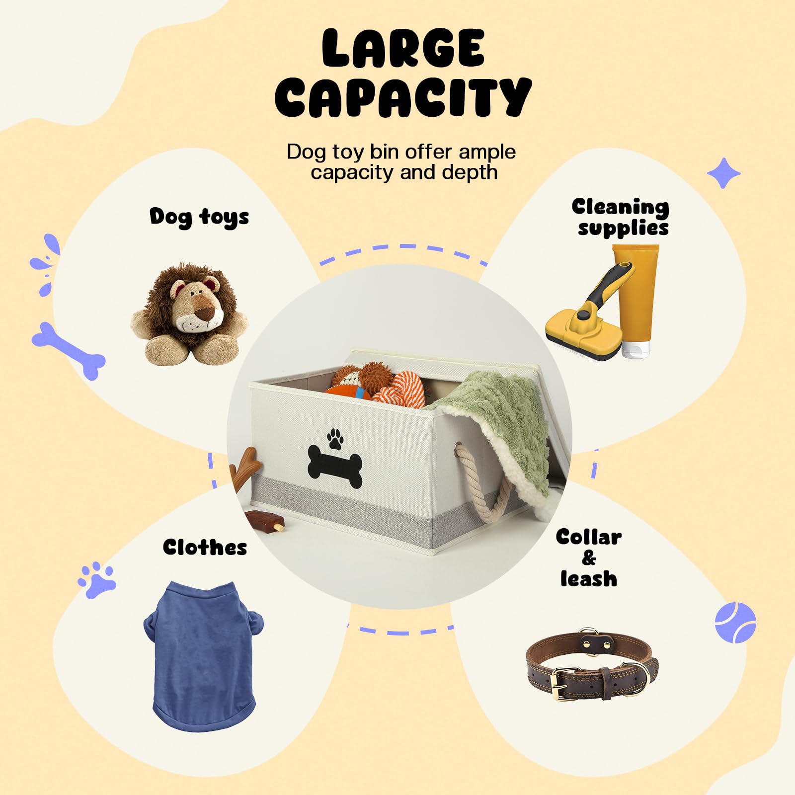 Durable Dog Toy Storage Basket with Lid & Cotton Rope Handles - Collapsible Pet Toy Organizer Box for Living Room, Bedroom or Nursery - Beige-Gray Dog Toy Bin for Easy Organization