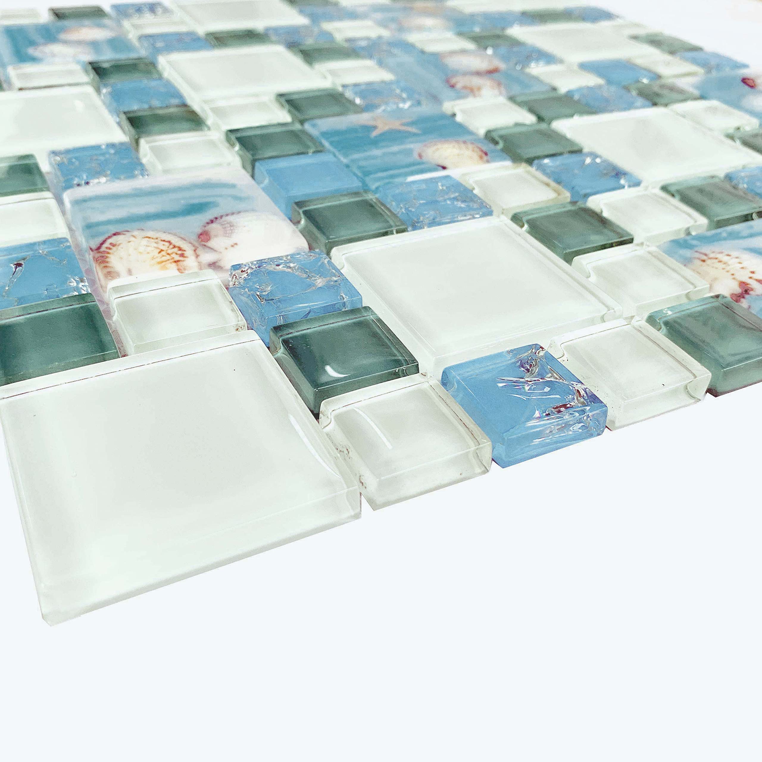 Glossy Glass Beachy Backsplash Tile - Ice Crack Blue Mosaic Resin with Shell & Starfish - Waterproof Bathroom Floor and Wall Tiles (5 Sq Ft) - Perfect for Coastal Style Bathrooms, Kitchen Backsplashes & Shower Walls