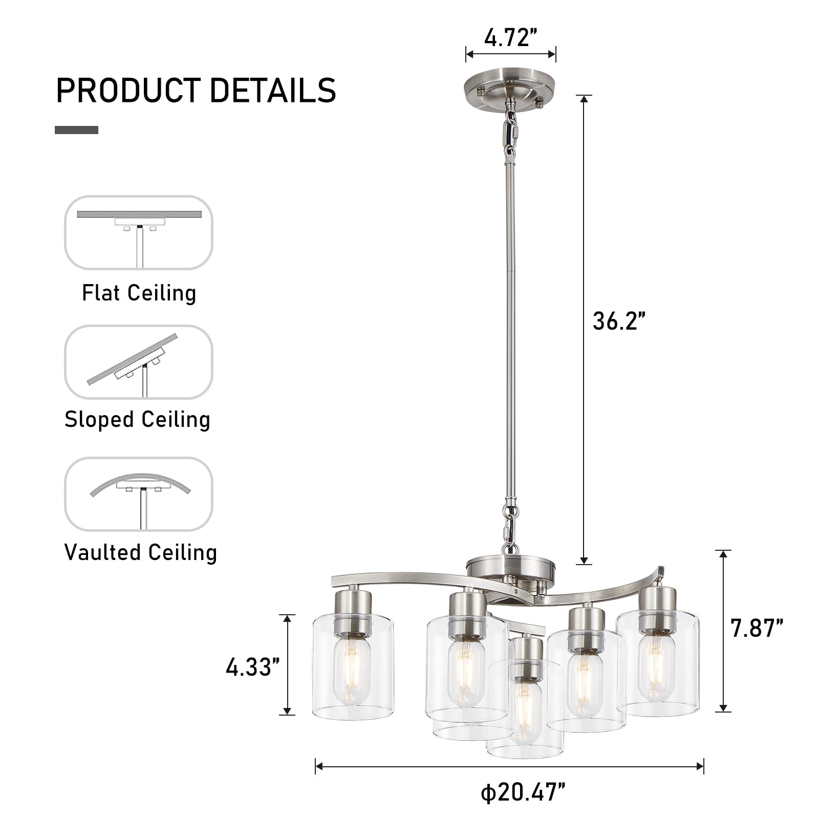 Modern Brushed Nickel Chandelier - Adjustable Height 6-Light Dining Room Ceiling Fixture for Living Room, Bedroom & Kitchen Island | Elegant Lighting for Home Decor & Dinner Parties