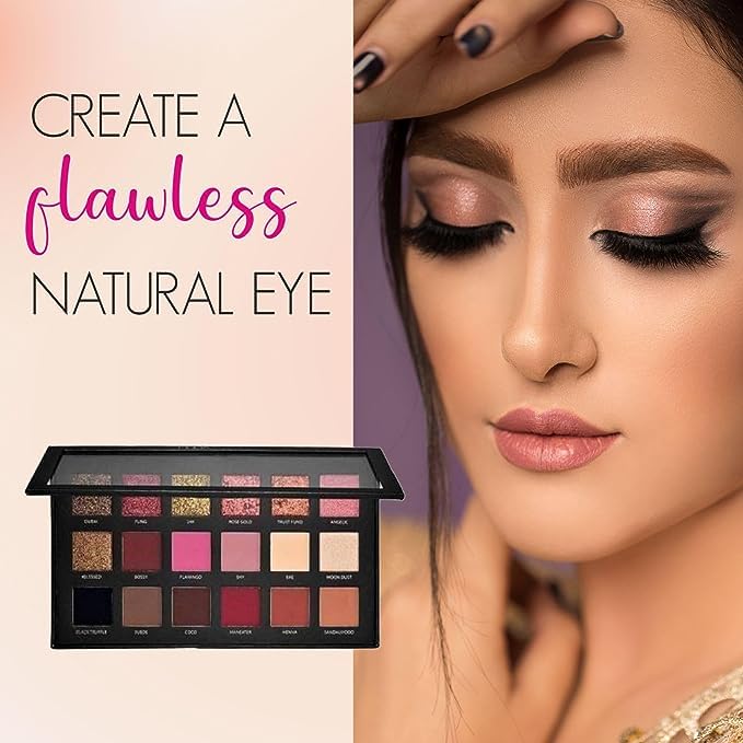 KAARM 18-Color Rose Gold Eyeshadow Palette with 7 Black Makeup Brushes & Beauty Blender Sponge - Perfect for Professional Makeup, Everyday Glam & Special Occasions